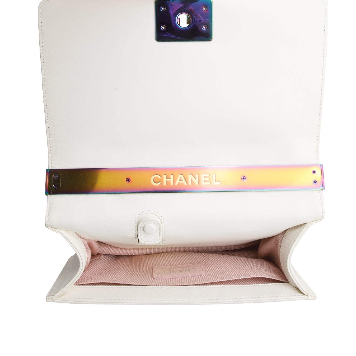 Chanel Iridescent Metal White Lambskin Leather LED Medium Boy Bag w/ Box & Authenticity Card