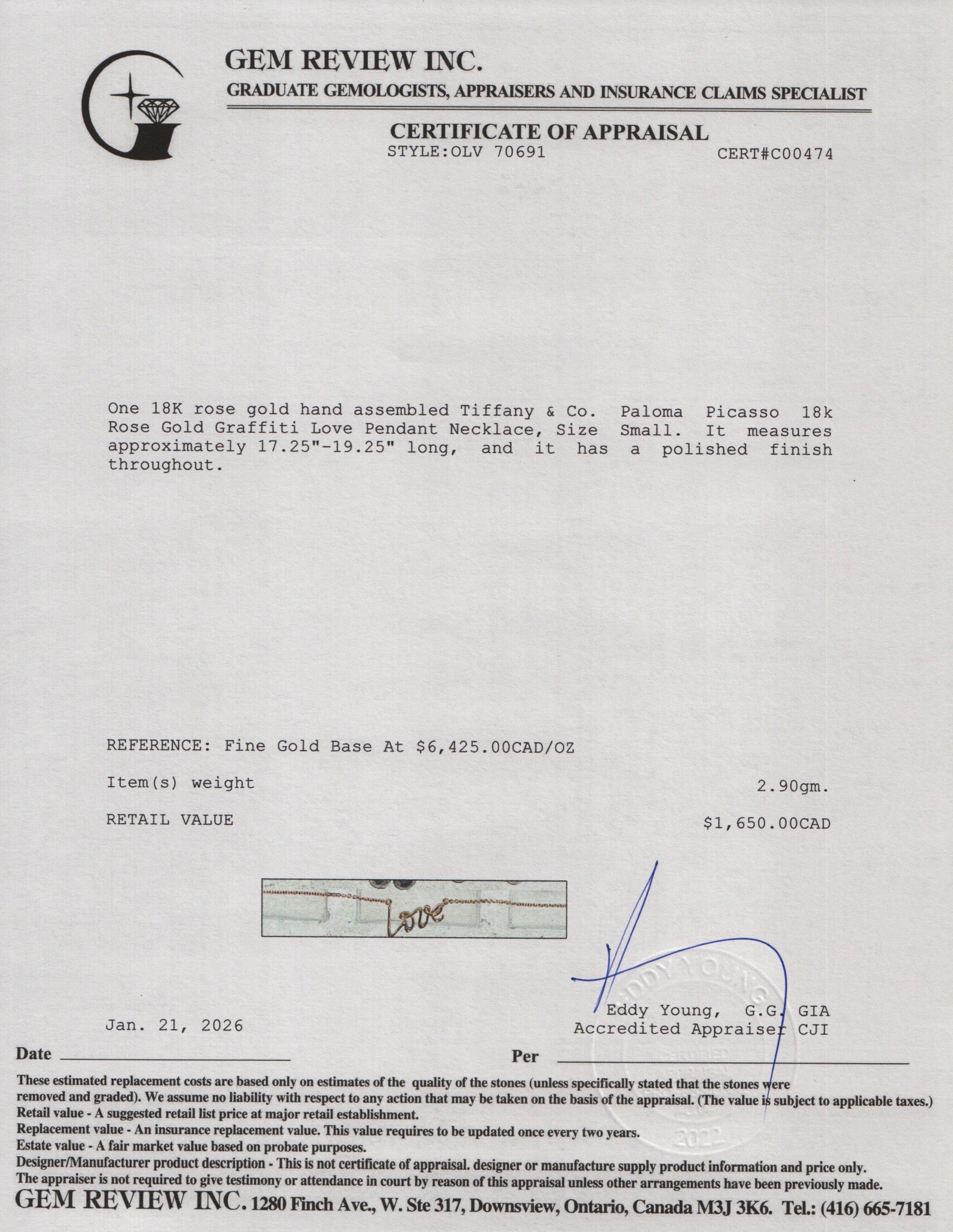 Tiffany & Co. Paloma Picasso 18k Rose Gold Graffiti Love Pendant Necklace, Size Small w/ Box