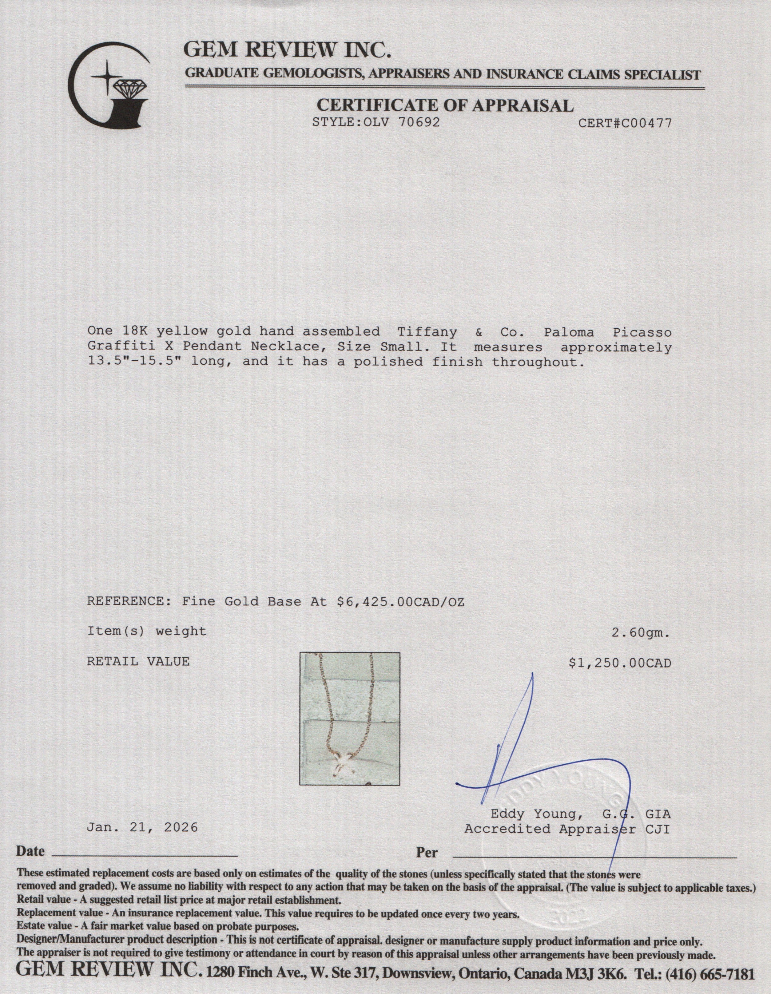 Tiffany & Co. Paloma Picasso 18k Yellow Gold Graffiti X Pendant Necklace, Size Small w/ Box