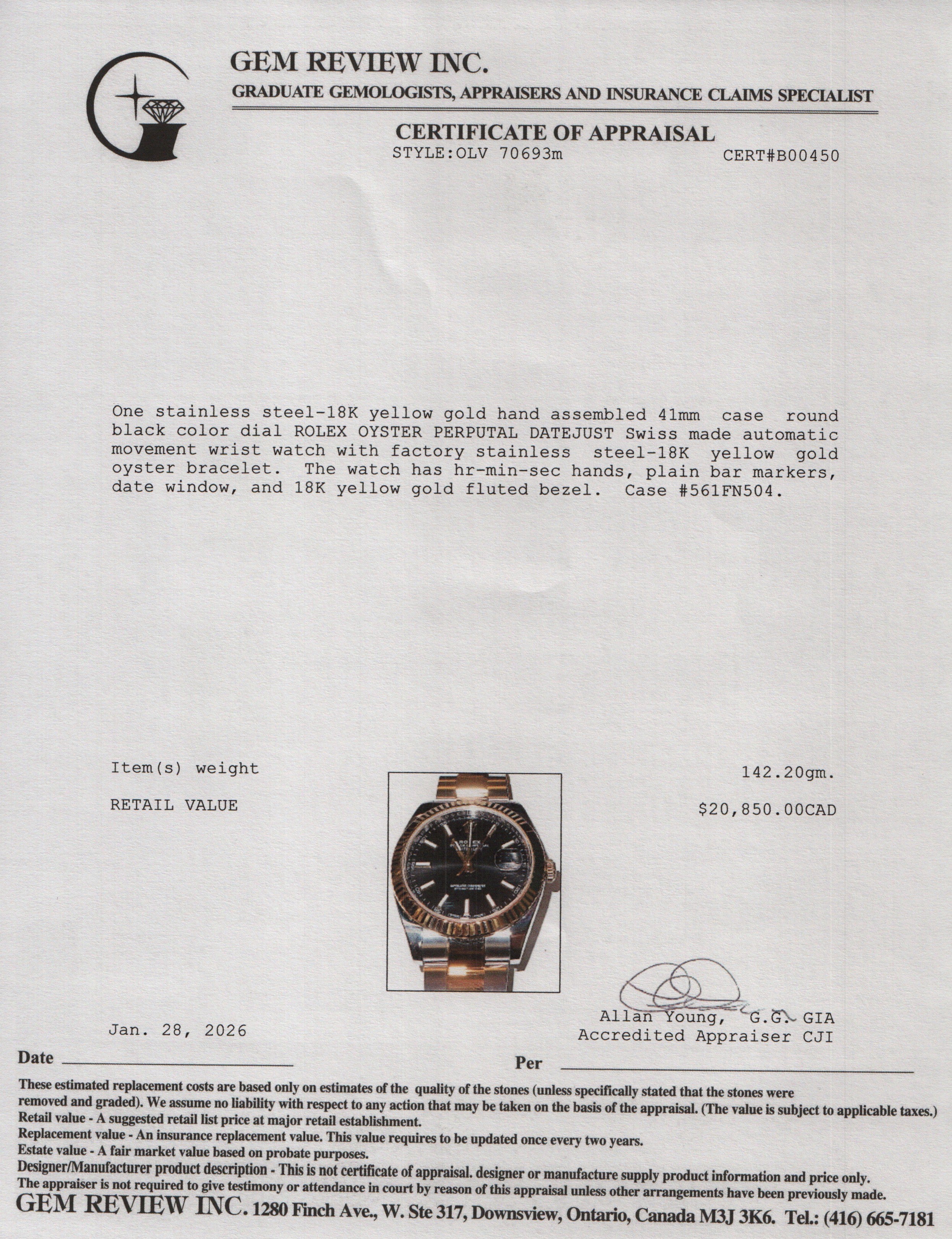 Rolex Stainless Steel & 18k Yellow Gold Datejust 41 MM Automatic Watch Black Dial 126333 w/ Box & Papers