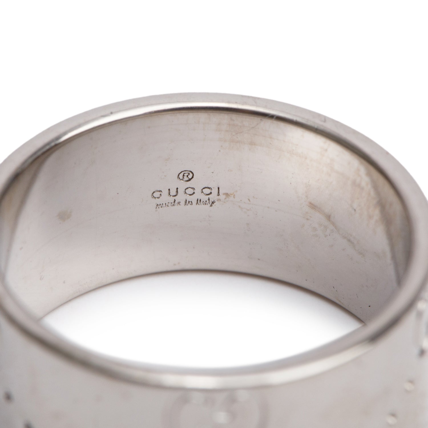 Gucci 18k White Gold Icon 9 MM Wide Band Ring, Size 13 6.5 w/ Box