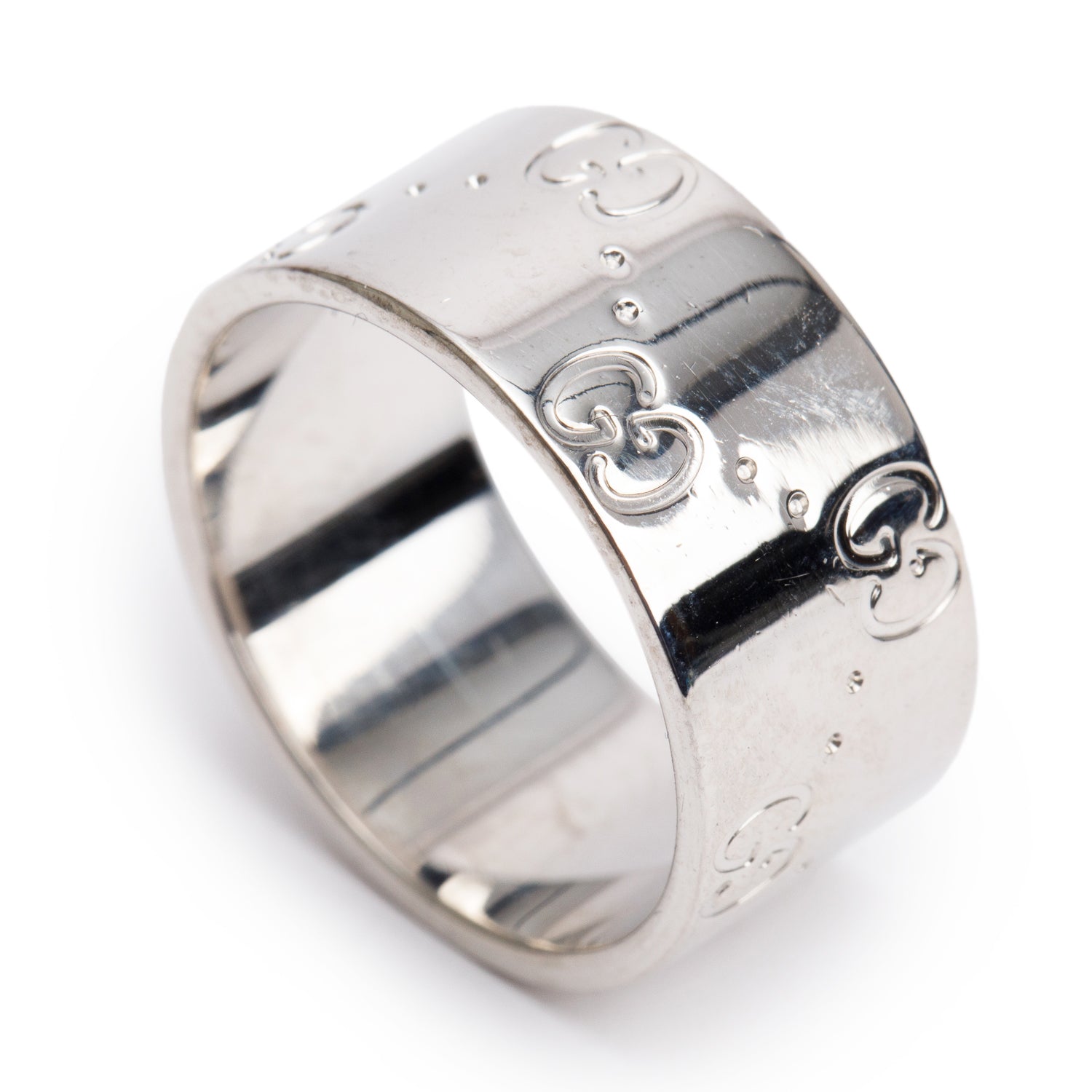 Gucci 18k White Gold Icon 9 MM Wide Band Ring, Size 13 6.5 w/ Box