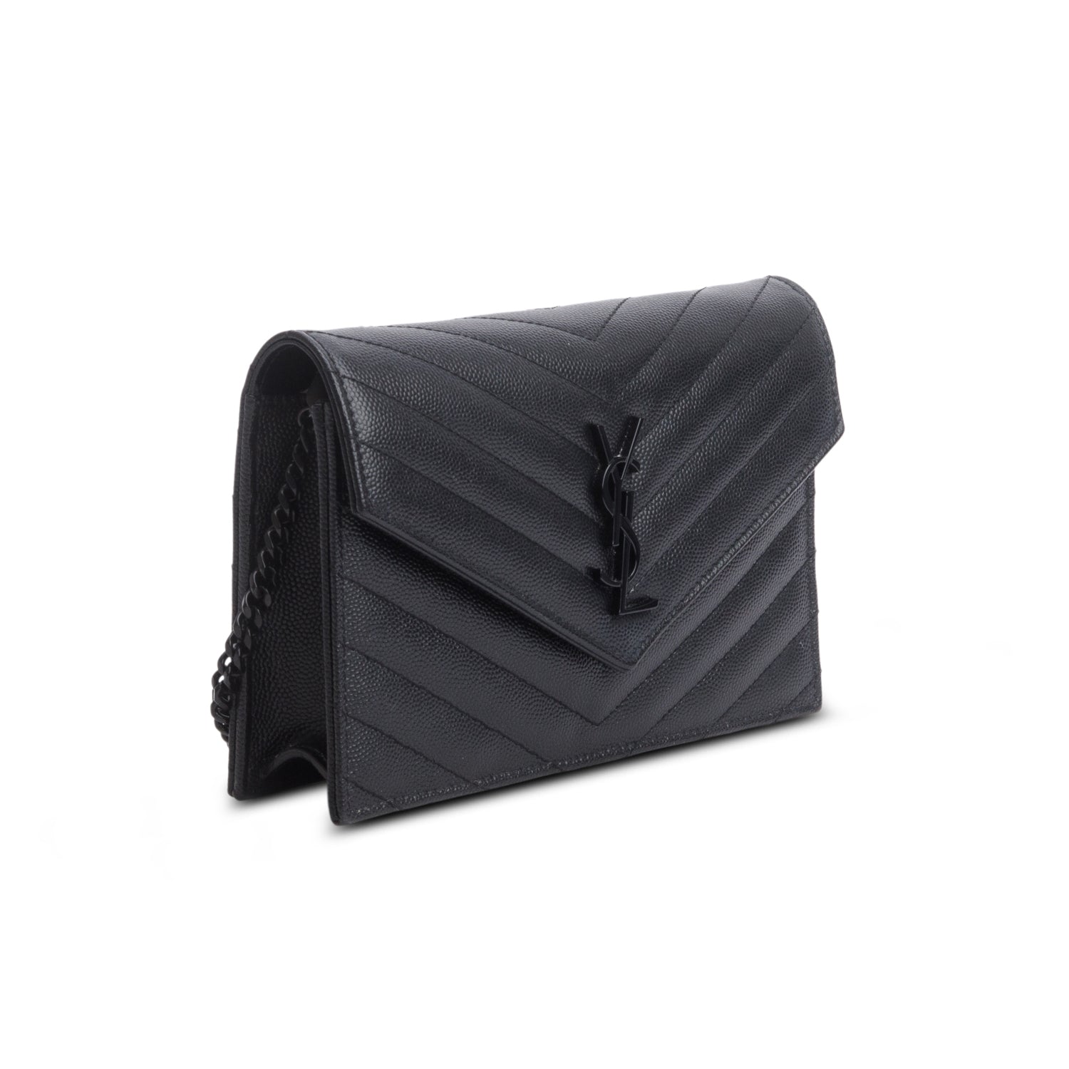 Saint Laurent 2022 Black Grain De Poudre Monochrome Cassandre Envelope Chain Wallet