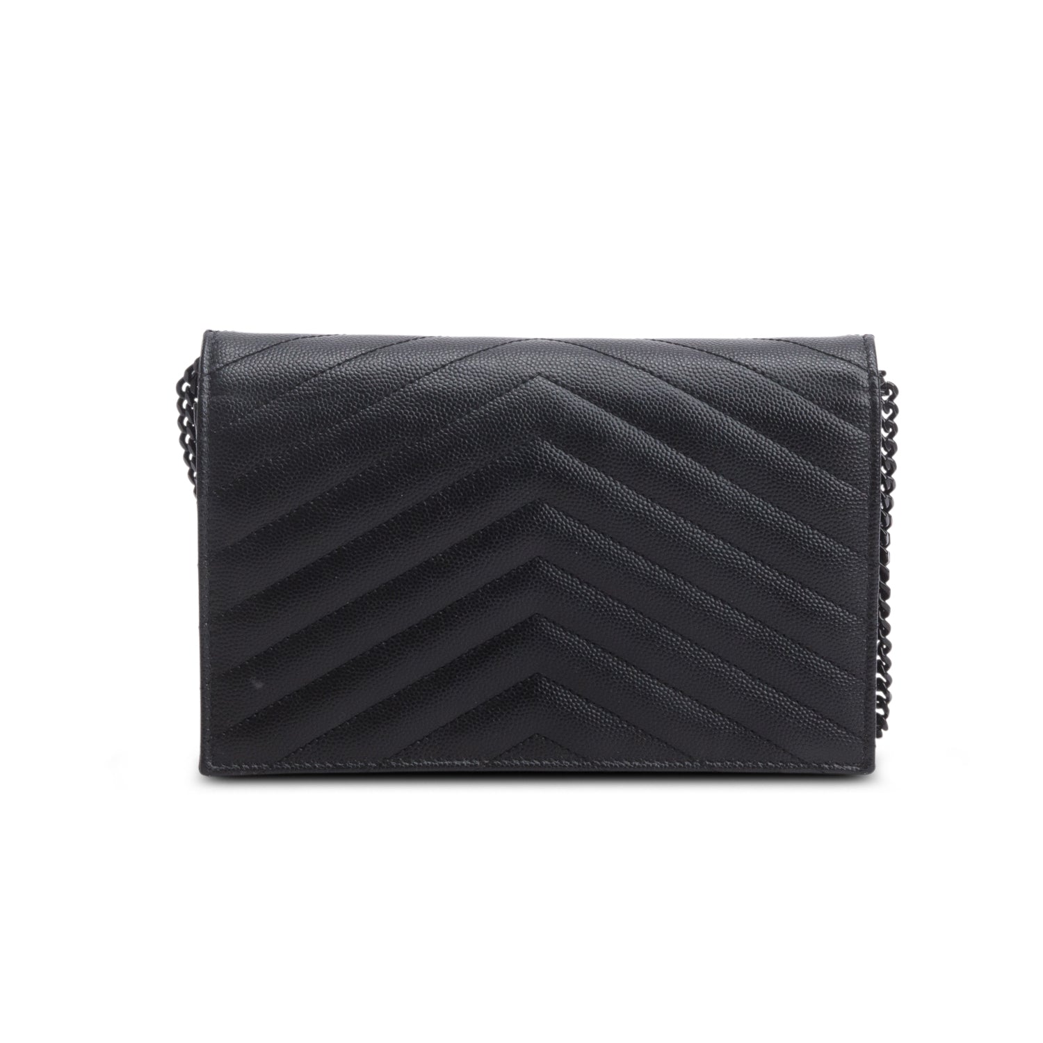 Saint Laurent 2022 Black Grain De Poudre Monochrome Cassandre Envelope Chain Wallet