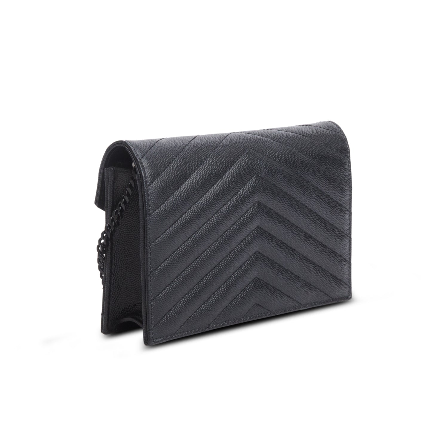 Saint Laurent 2022 Black Grain De Poudre Monochrome Cassandre Envelope Chain Wallet