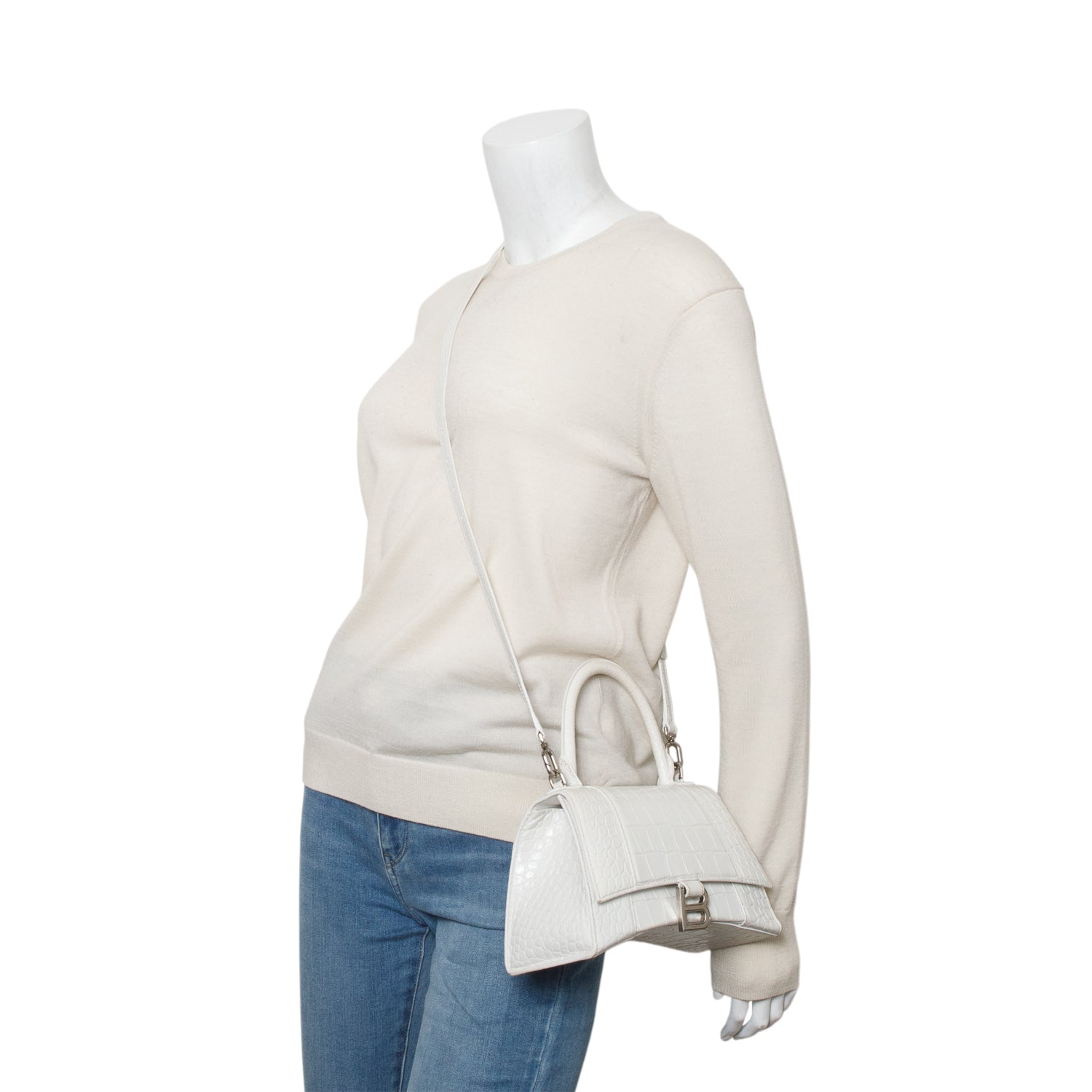 Balenciaga White Calfskin Croc Embossed Small Hourglass Top Handle Bag w/ Strap