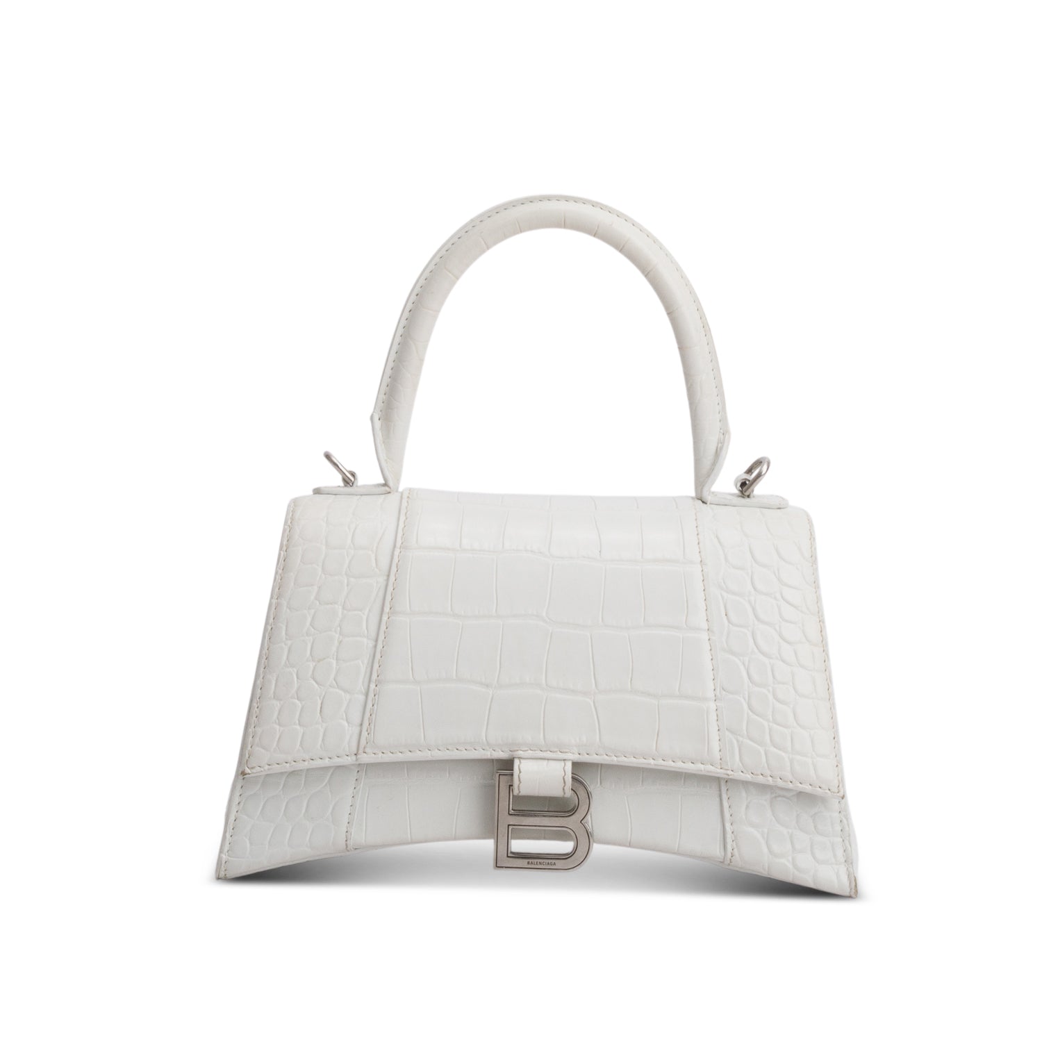 Balenciaga White Calfskin Croc Embossed Small Hourglass Top Handle Bag w/ Strap