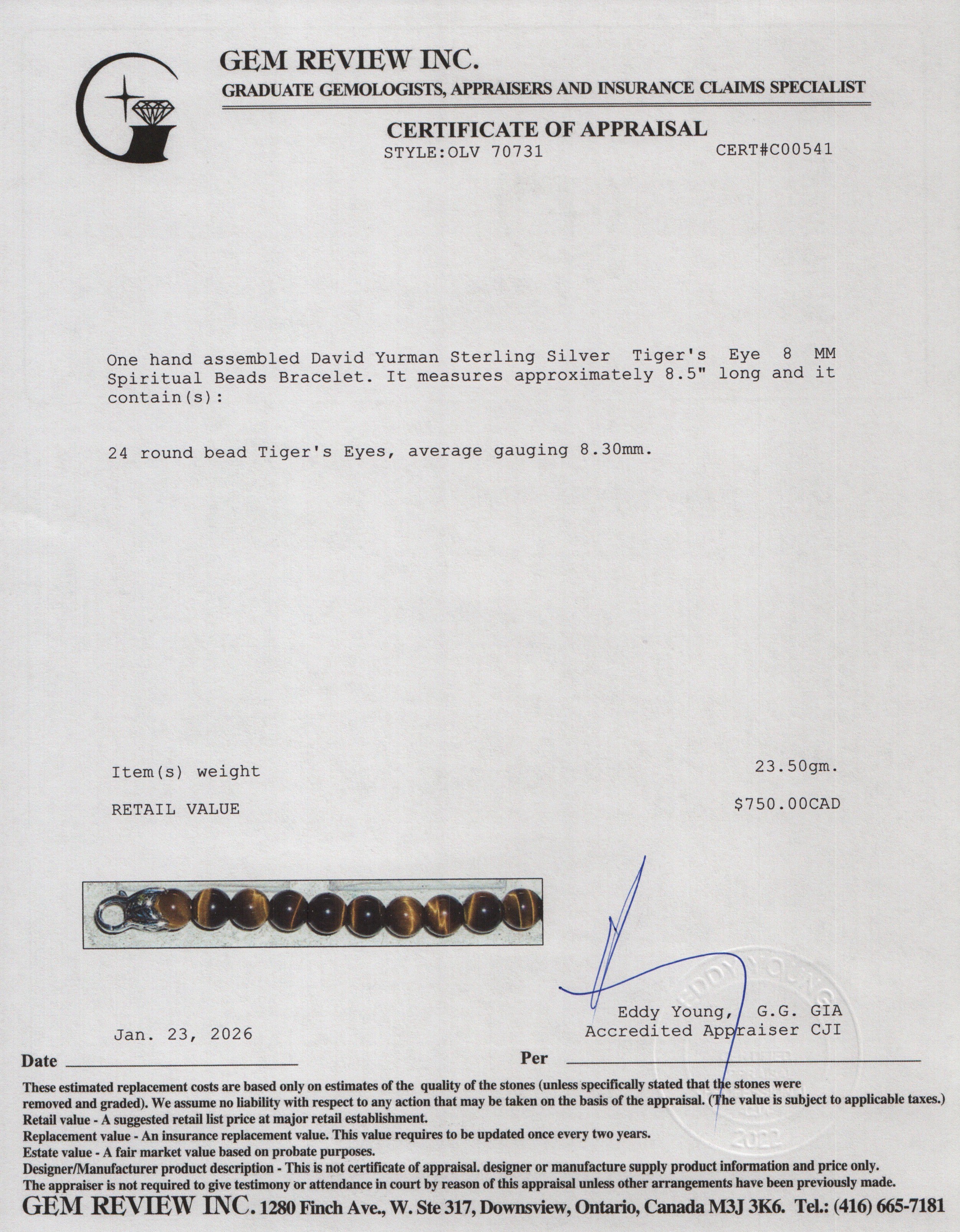 David Yurman Sterling Silver Tiger's Eye 8 MM Spiritual Beads Bracelet