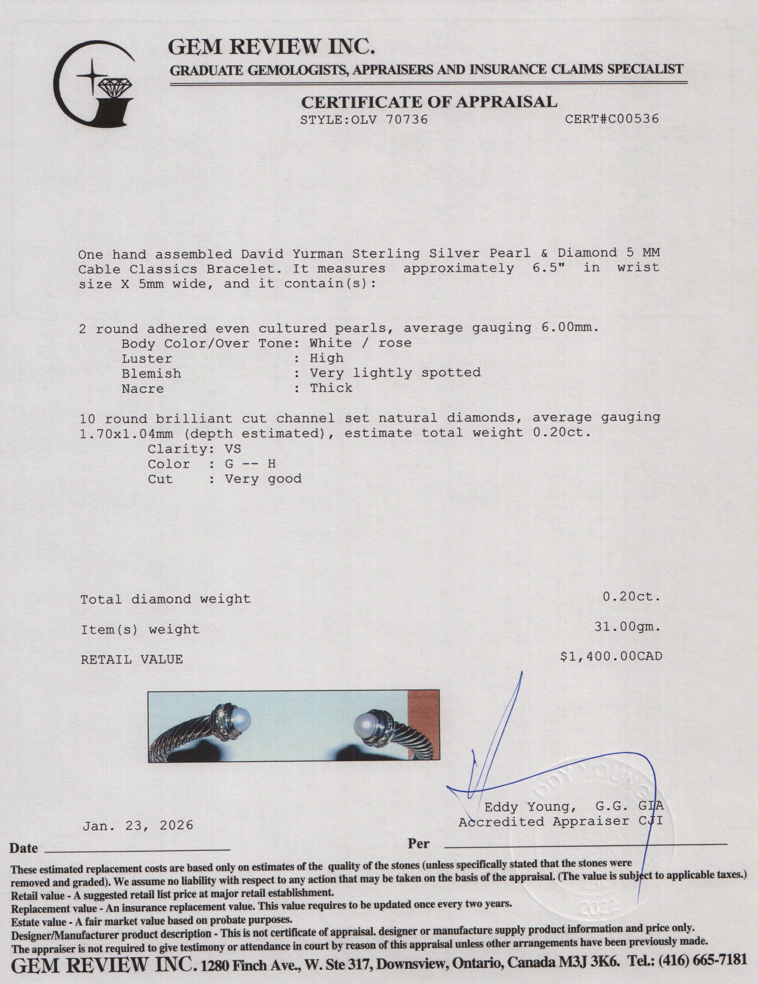 David Yurman Sterling Silver Pearl & Diamond 5 MM Cable Classics Bracelet