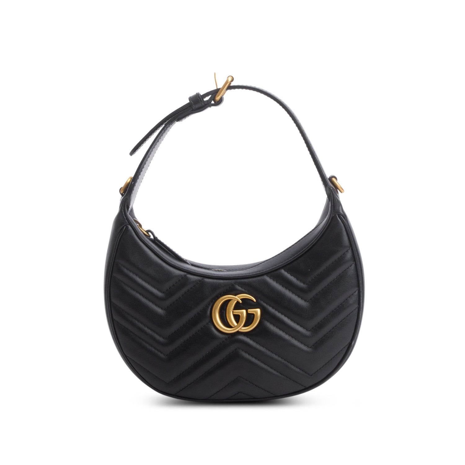 Gucci Black Calfskin Matelasse Chevron Mini GG Marmont Half Moon Hobo w/ Strap