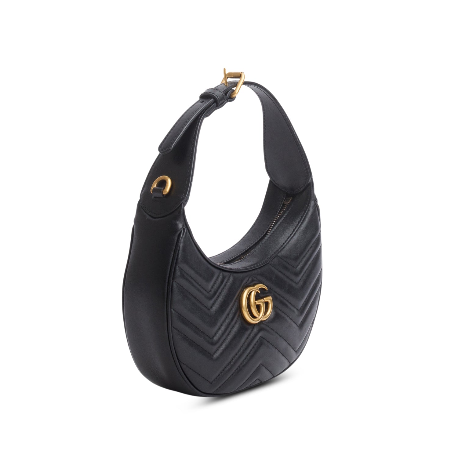 Gucci Black Calfskin Matelasse Chevron Mini GG Marmont Half Moon Hobo w/ Strap