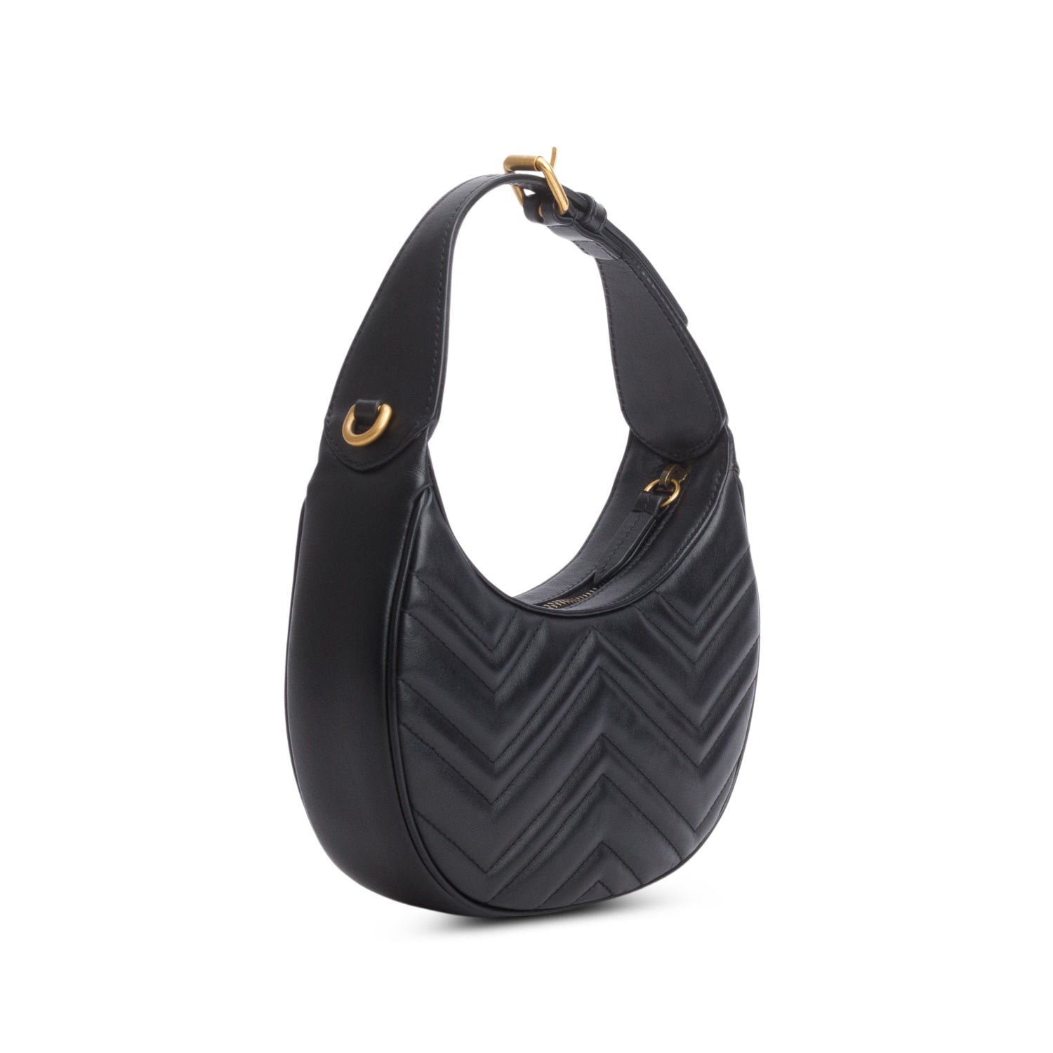 Gucci Black Calfskin Matelasse Chevron Mini GG Marmont Half Moon Hobo w/ Strap