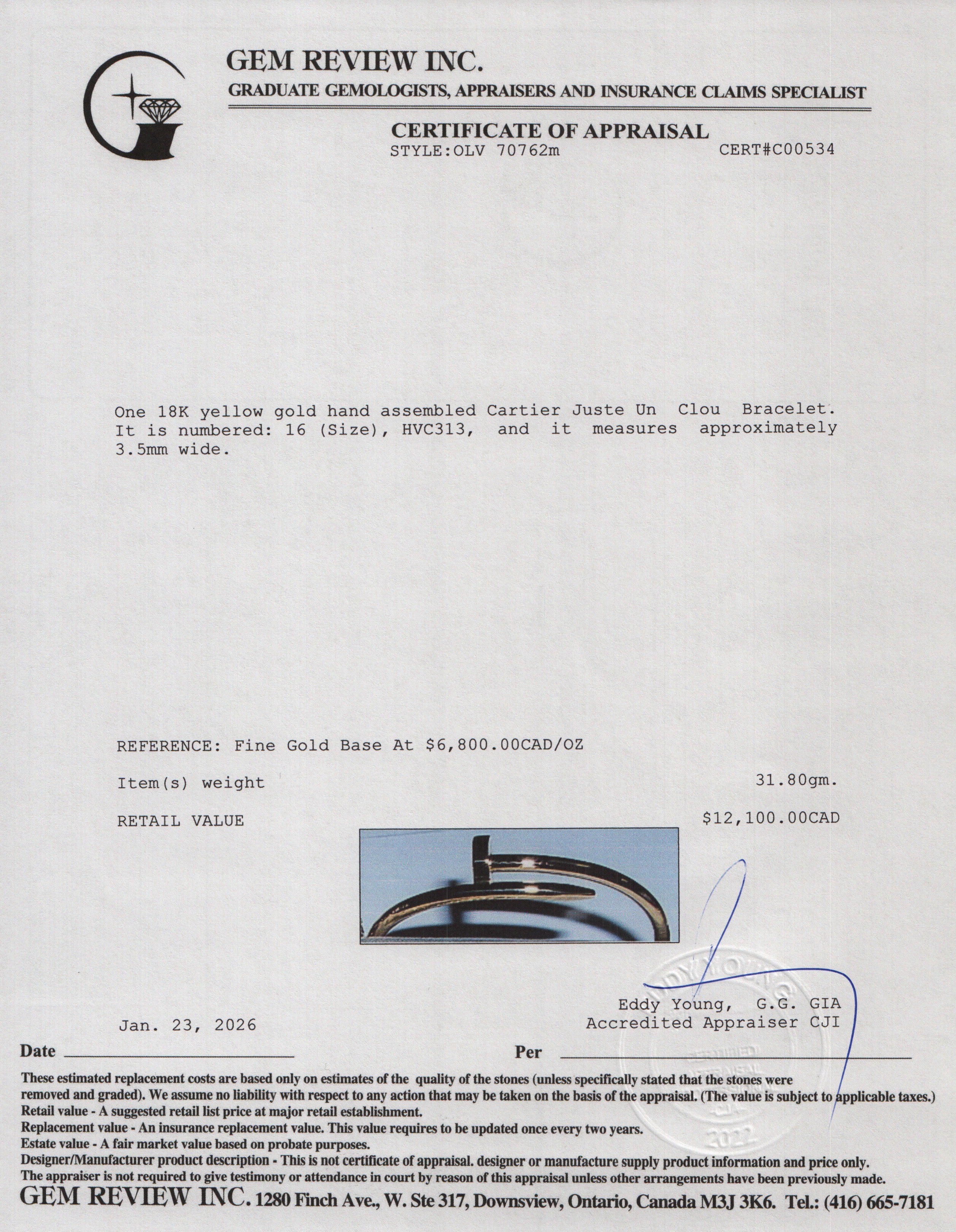 Cartier 18k Yellow Gold Juste Un Clou Bracelet, Classic Model Size 16 w/ Box