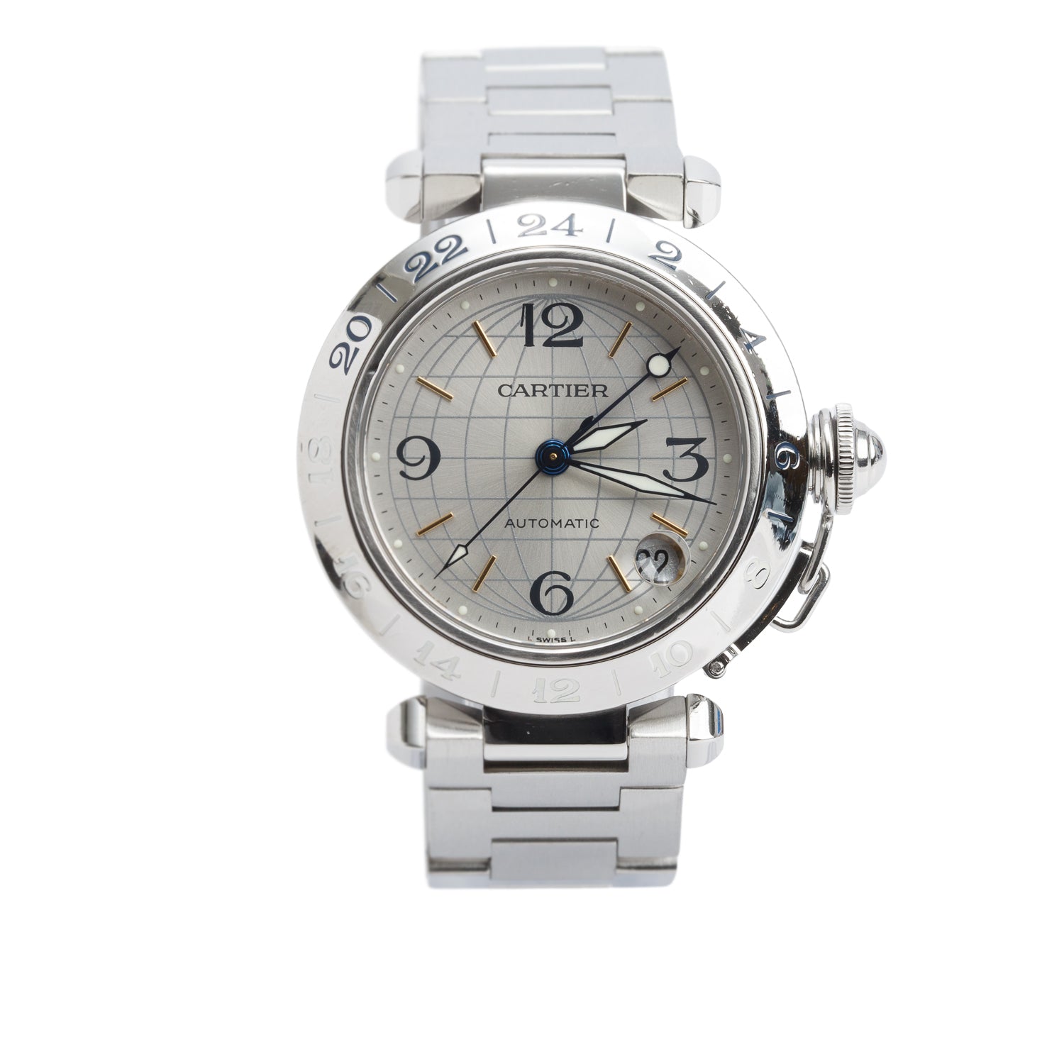 Cartier Stainless Steel Pasha de Cartier 35 MM Automatic GMT Watch Silver Dial 2377