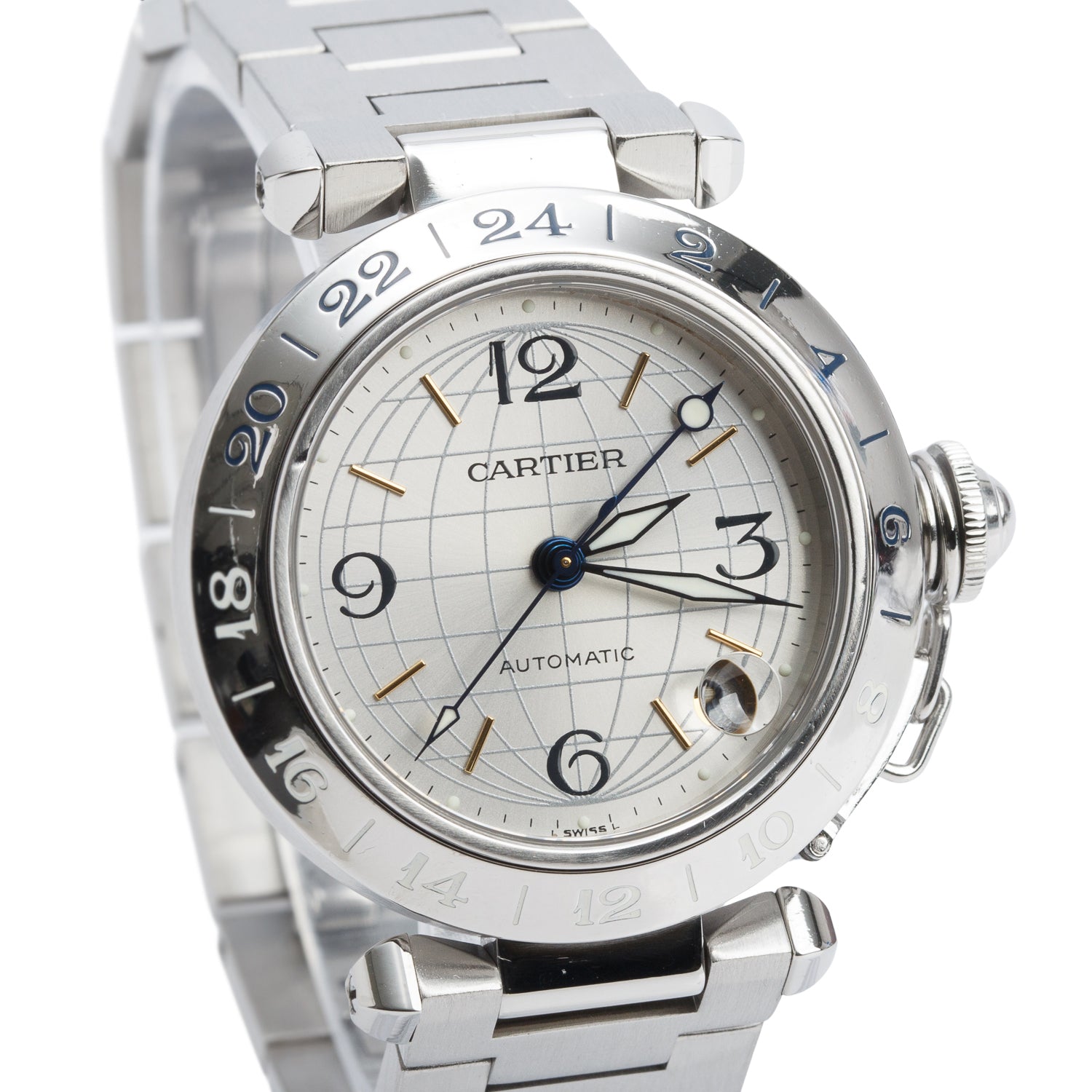 Cartier Stainless Steel Pasha de Cartier 35 MM Automatic GMT Watch Silver Dial 2377