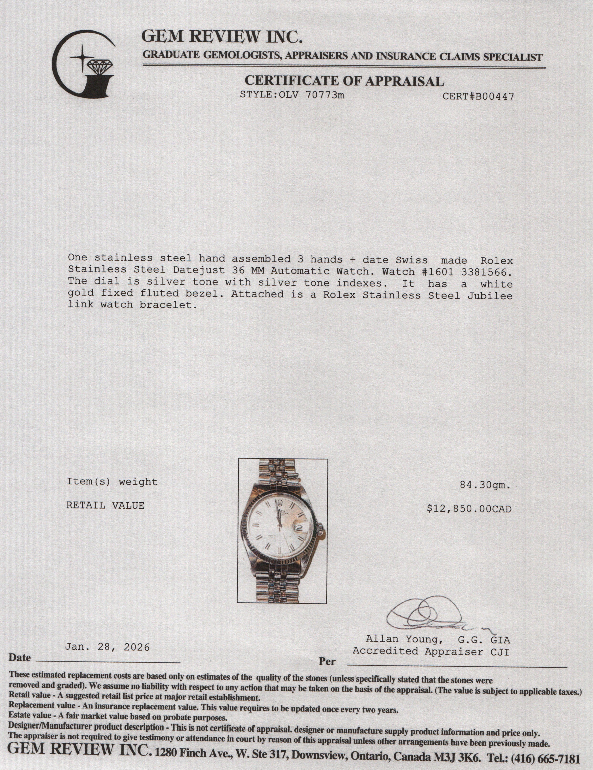 Rolex Vintage Stainless Steel Datejust 36 MM Automatic Watch Silver Dial M1601 w/ Box & Papers