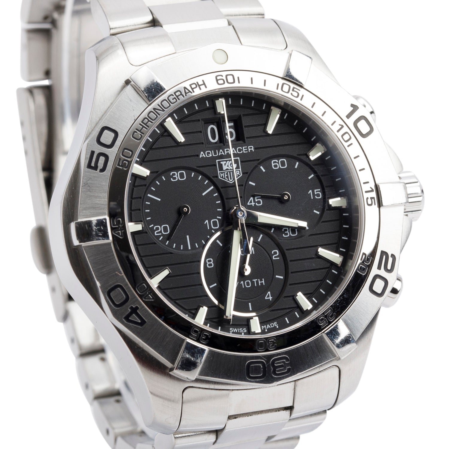Tag Heuer Stainless Steel Aquaracer 43 mm Chronograph Quartz Watch Black Dial CAF101E w/ Box & Papers