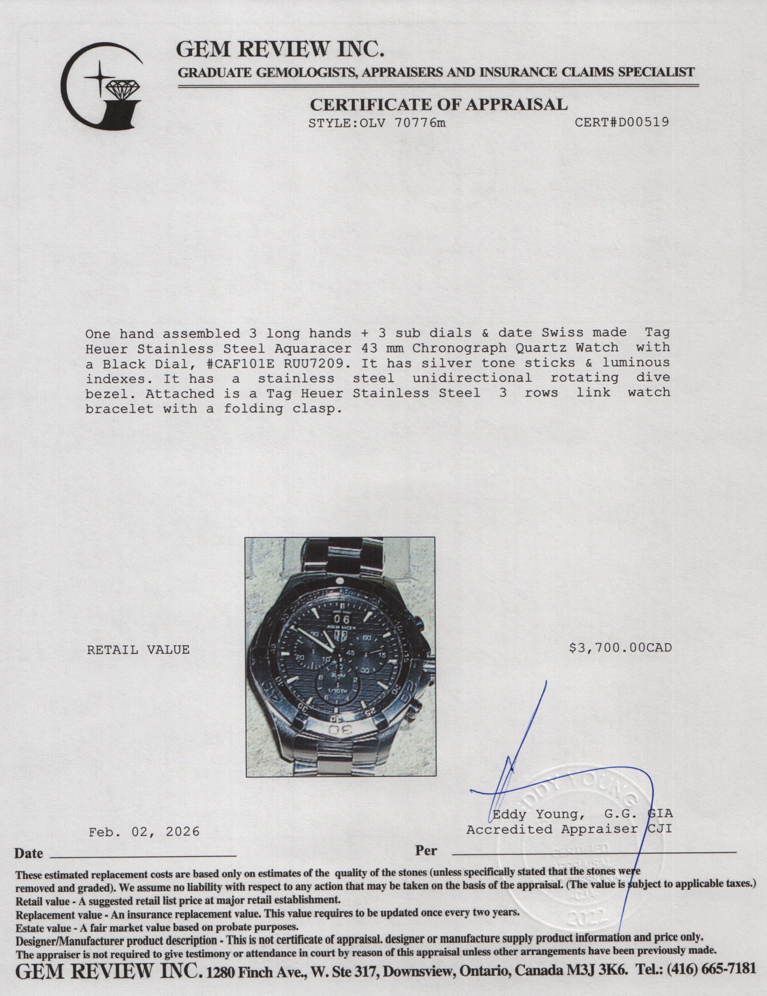 Tag Heuer Stainless Steel Aquaracer 43 mm Chronograph Quartz Watch Black Dial CAF101E w/ Box & Papers