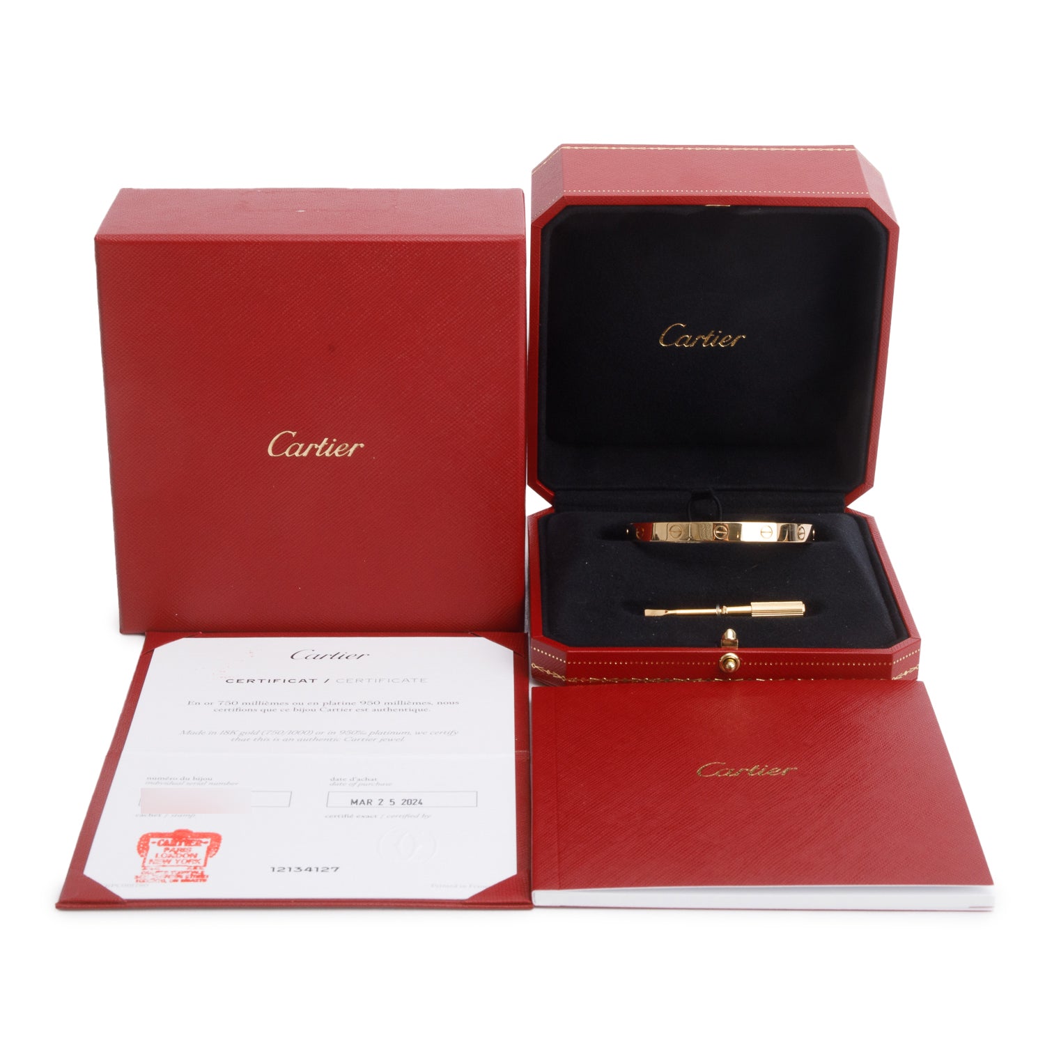 Cartier 2024 18k Yellow Gold Love Bracelet, Classic Model, Size 17 w/ Box, Receipt & Certificate