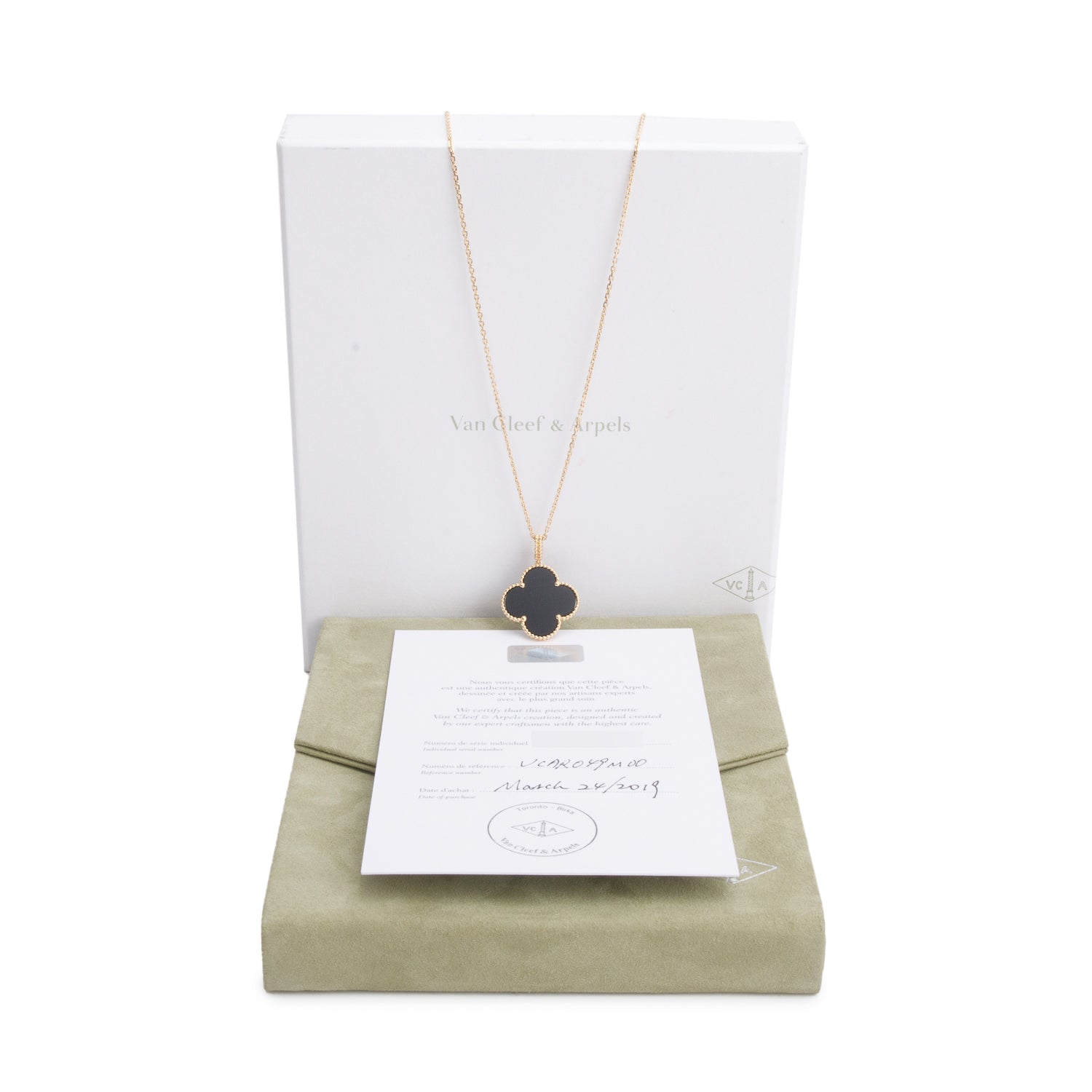 Van Cleef & Arpels 18k Yellow Gold Onyx Magic Alhambra 1 Motif Long Necklace w/ Box, Receipt, & Certificate