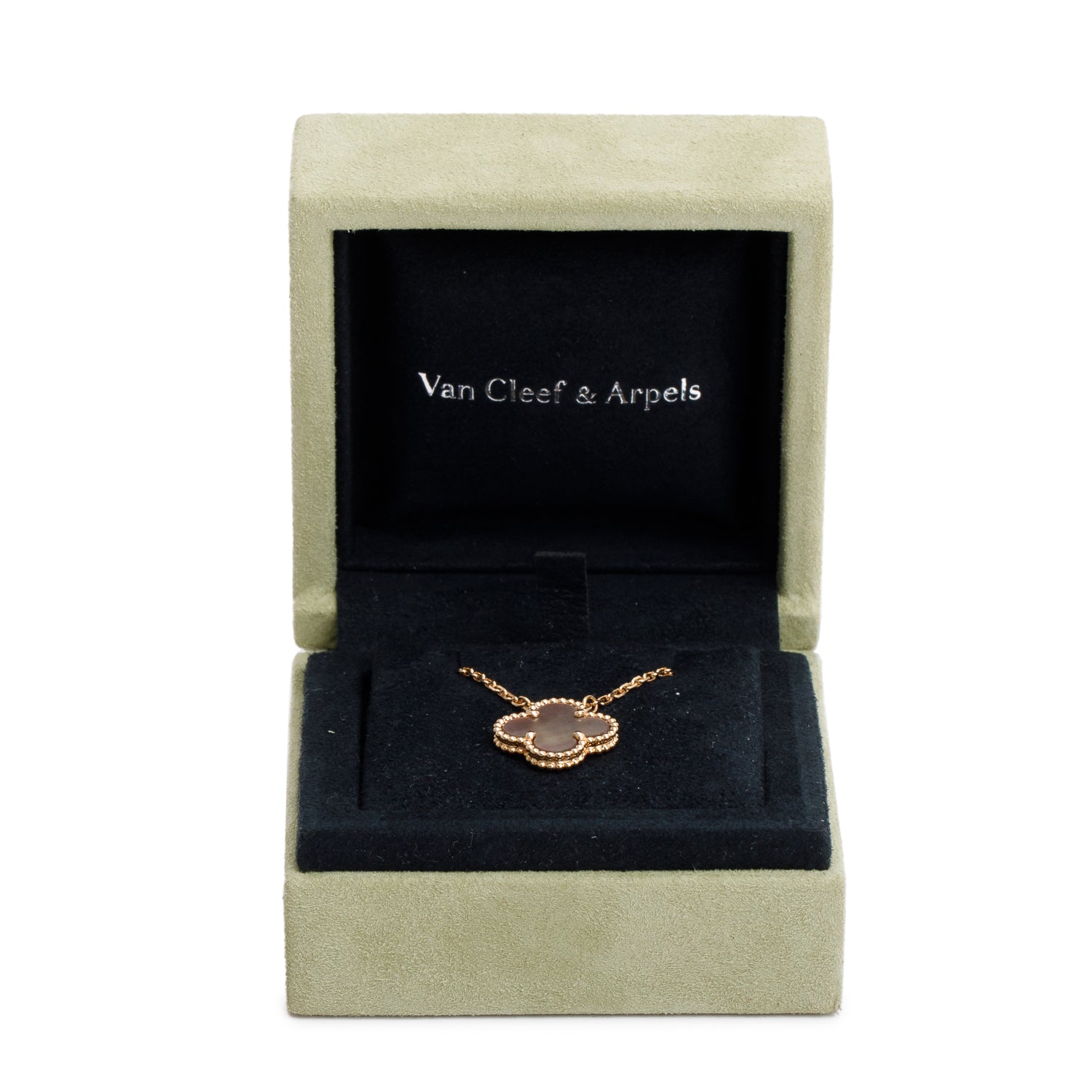 Van Cleef & Arpels 2022 18k Rose Gold Grey Mother of Pearl Vintage Alhambra Pendant Necklace w/ Box & Receipt
