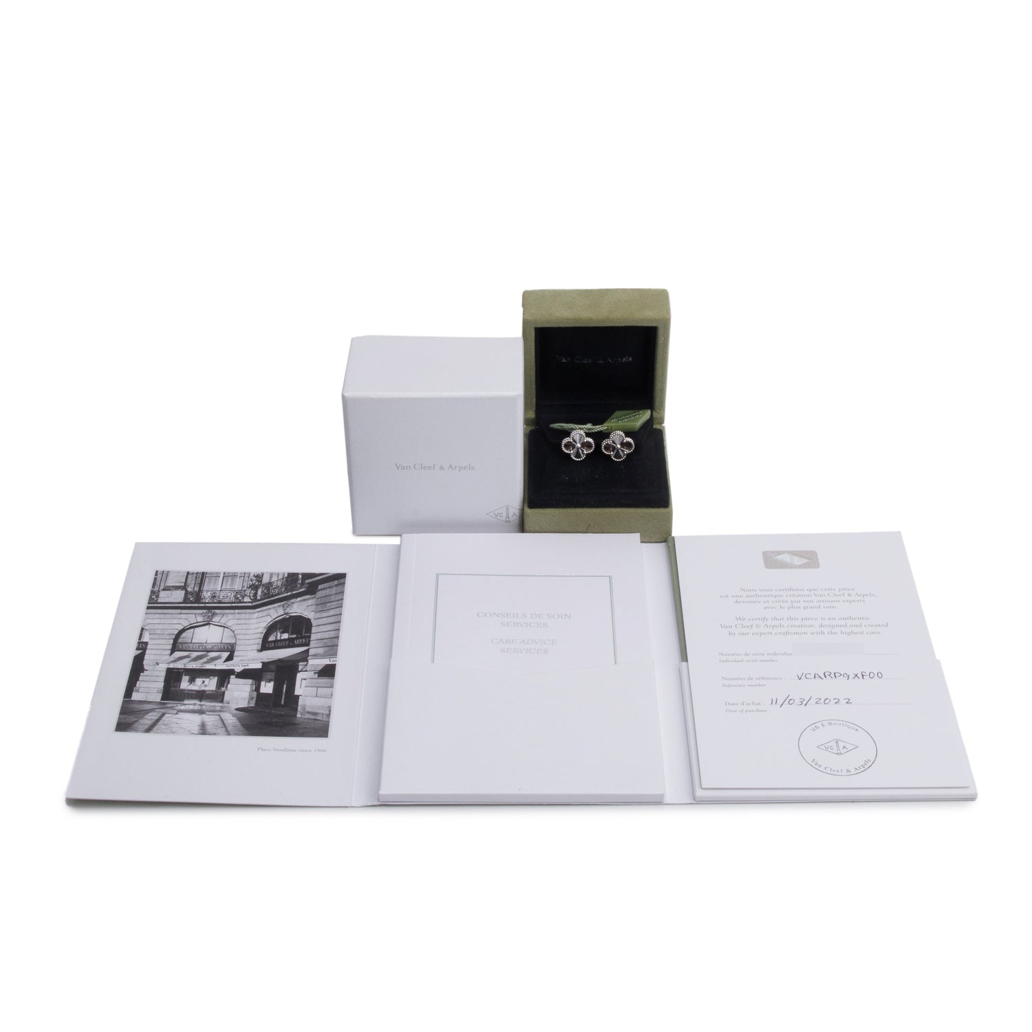 Van Cleef & Arpels 2022 18k White Gold Vintage Alhambra Earrings w/ Box, Receipt & Certificate