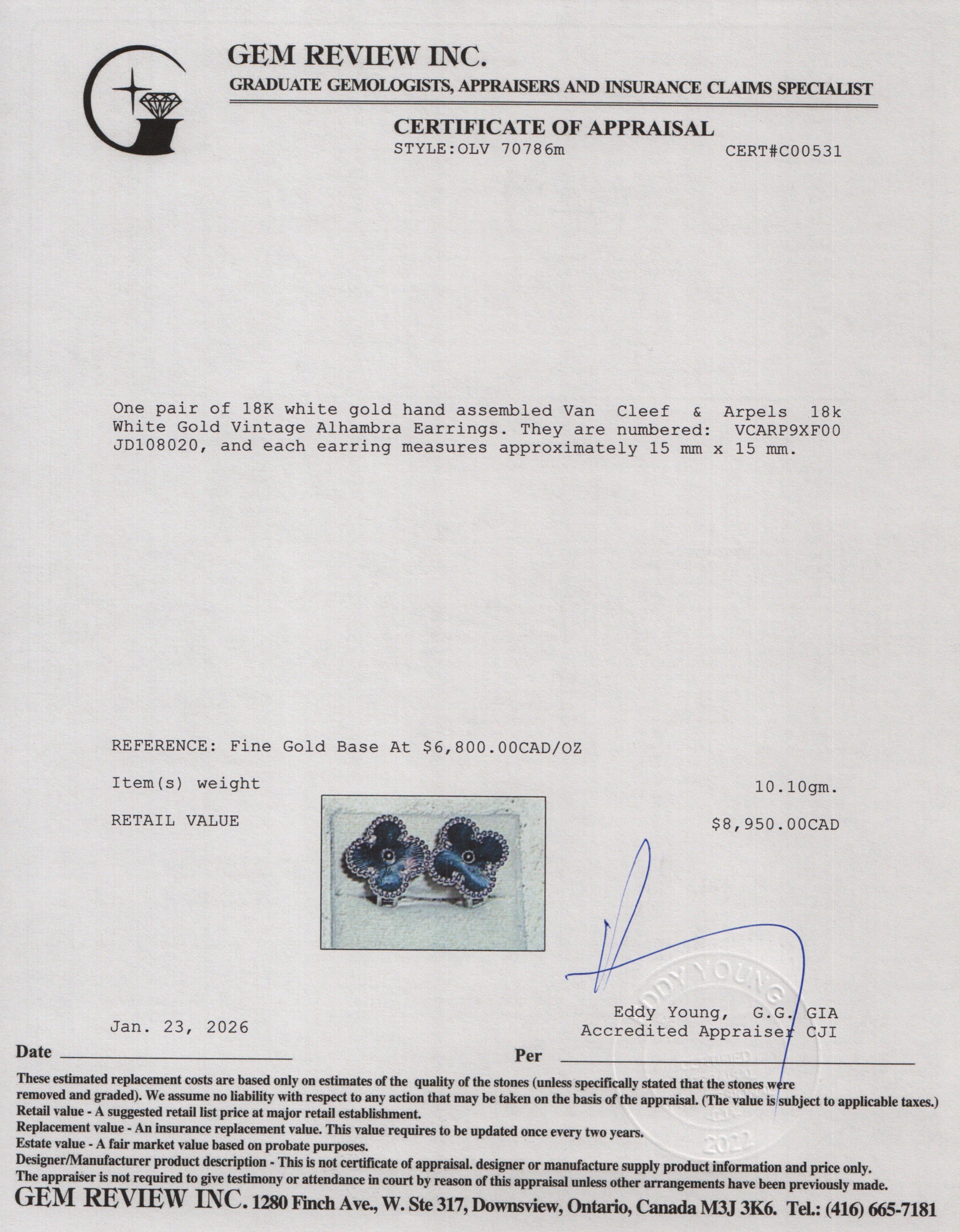 Van Cleef & Arpels 2022 18k White Gold Vintage Alhambra Earrings w/ Box, Receipt & Certificate