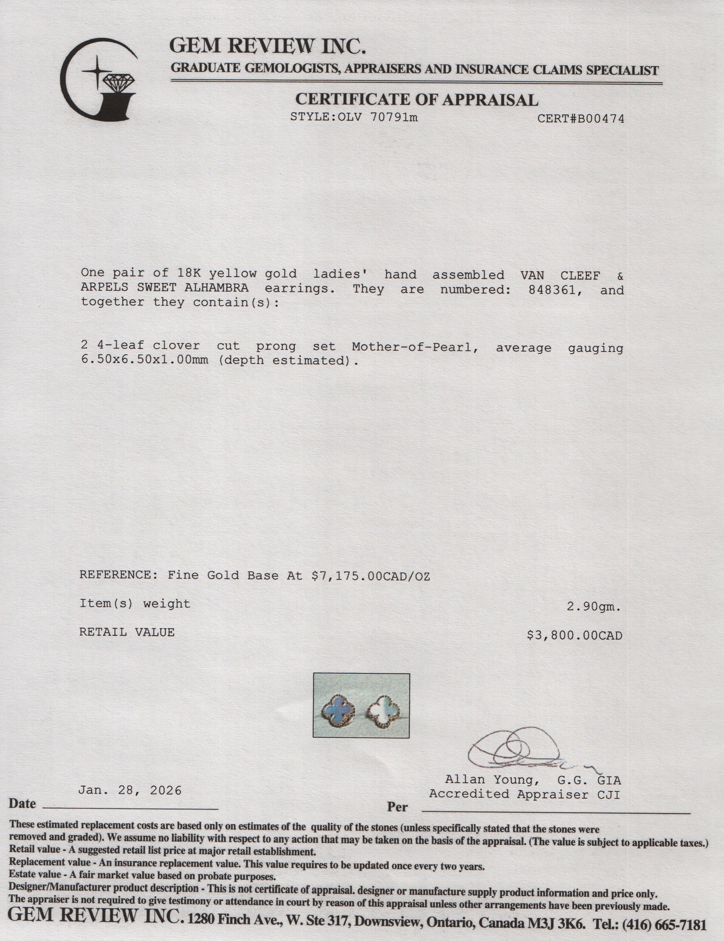 Van Cleef & Arpels 18k Yellow Gold Sweet Alhambra Mother of Pearl Stud Earrings w/ Box