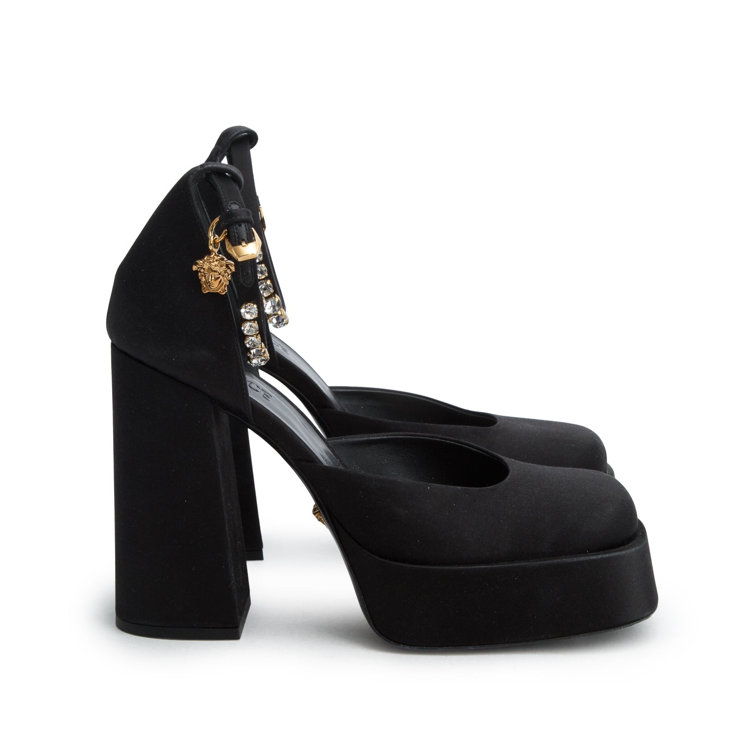 Versace Black Satin Medusa Aevitas Platform Pumps, Women's Size 41