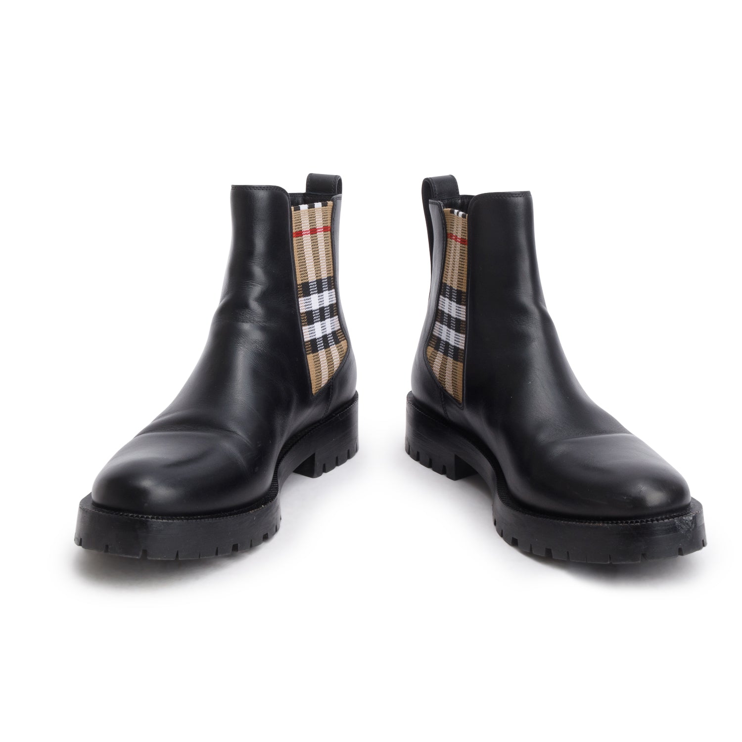 Burberry Black Leather Check Panel Chelsea Boots, Women's Size 38