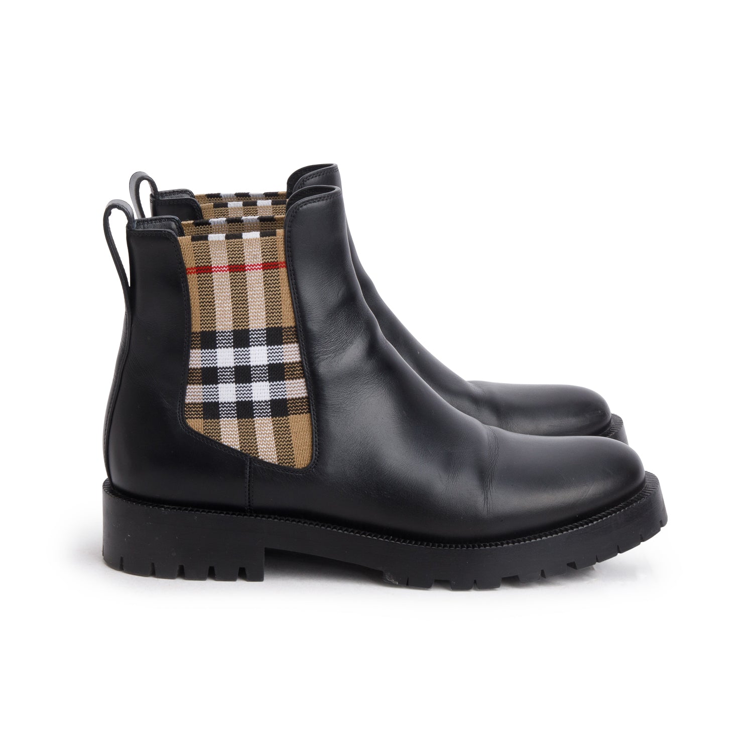 Burberry Black Leather Check Panel Chelsea Boots, Women's Size 38