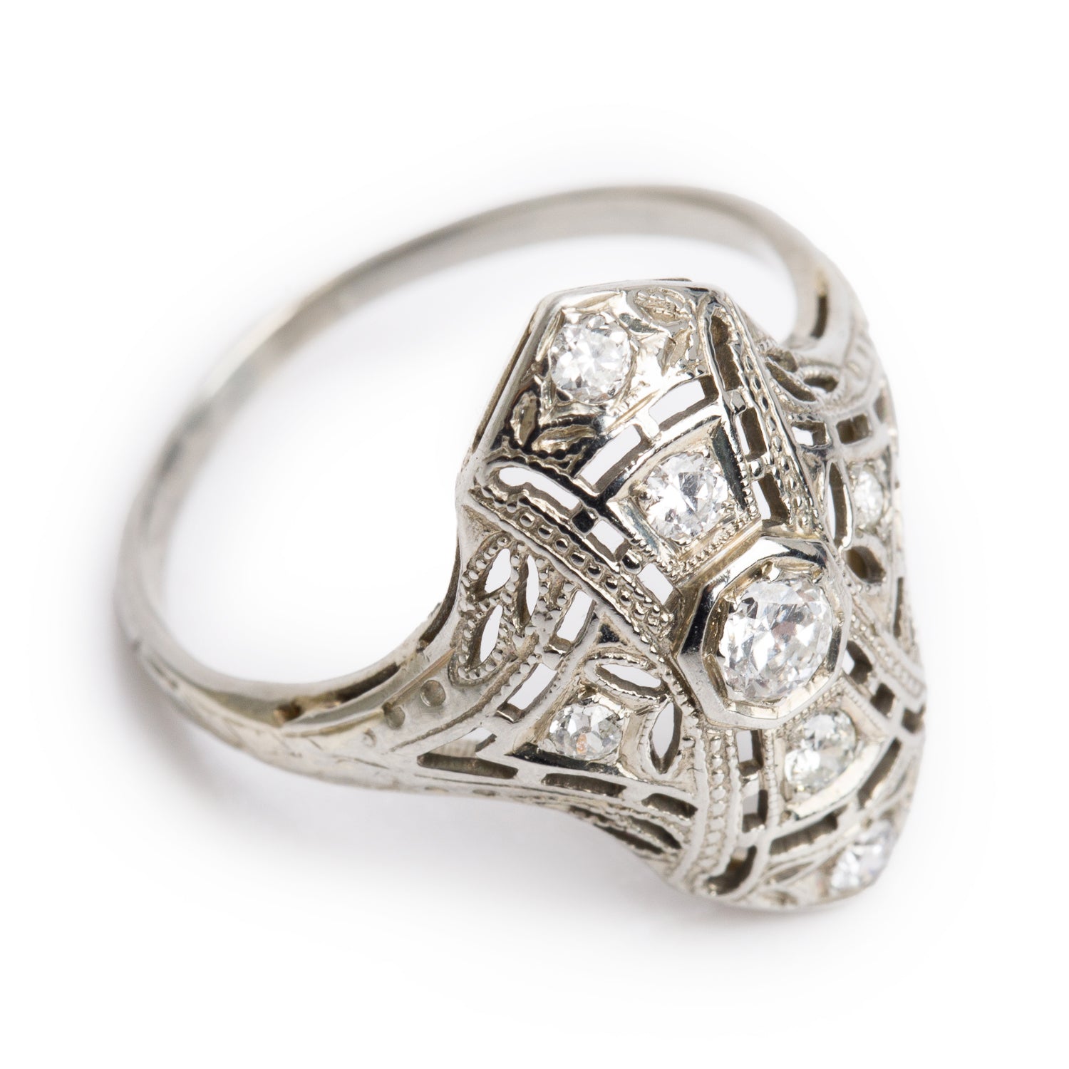 Antique 18k White Gold Diamond Filigree Ring, Size 7.25