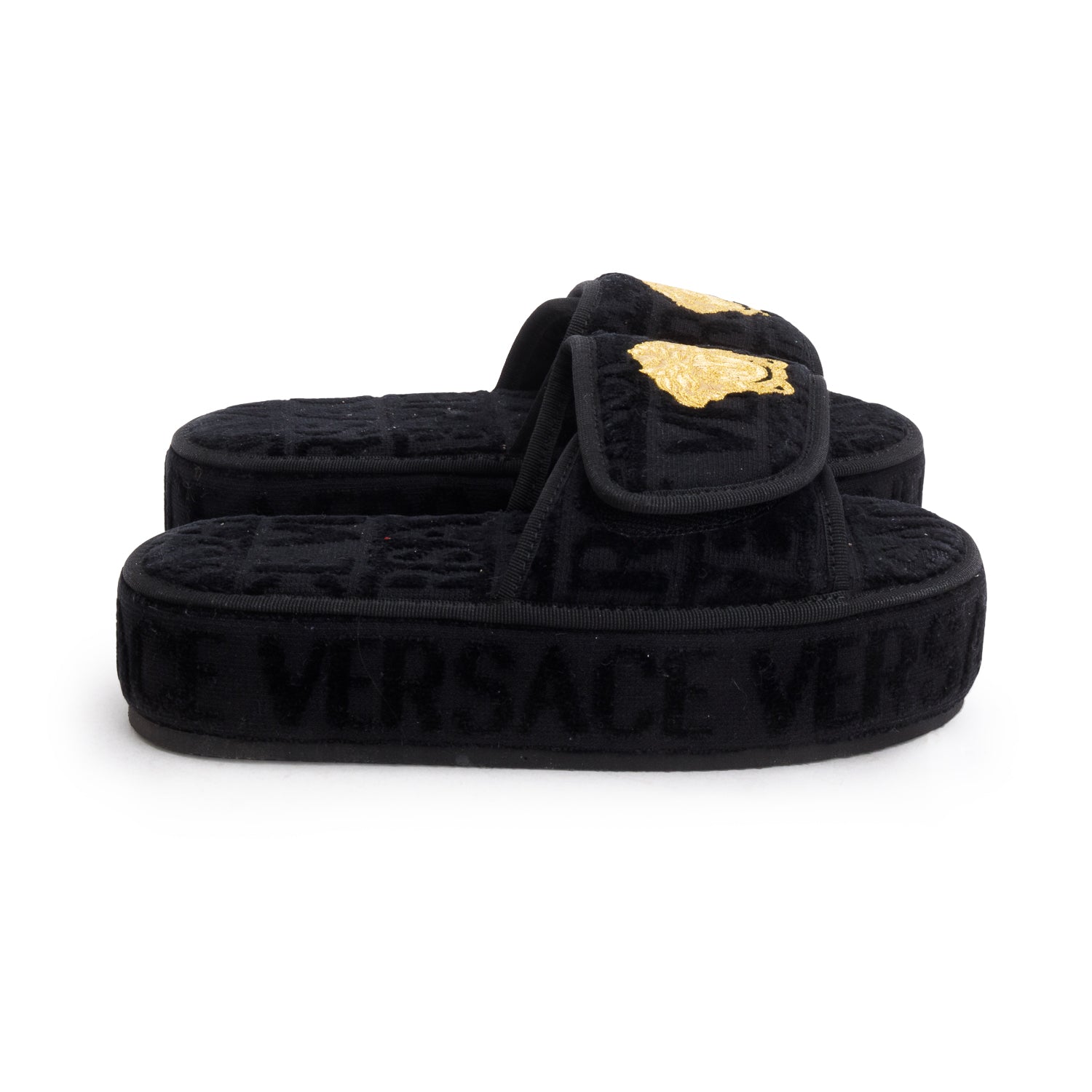 Versace Black Terrycloth Versace Allover Platform Slippers, Women's Size 37
