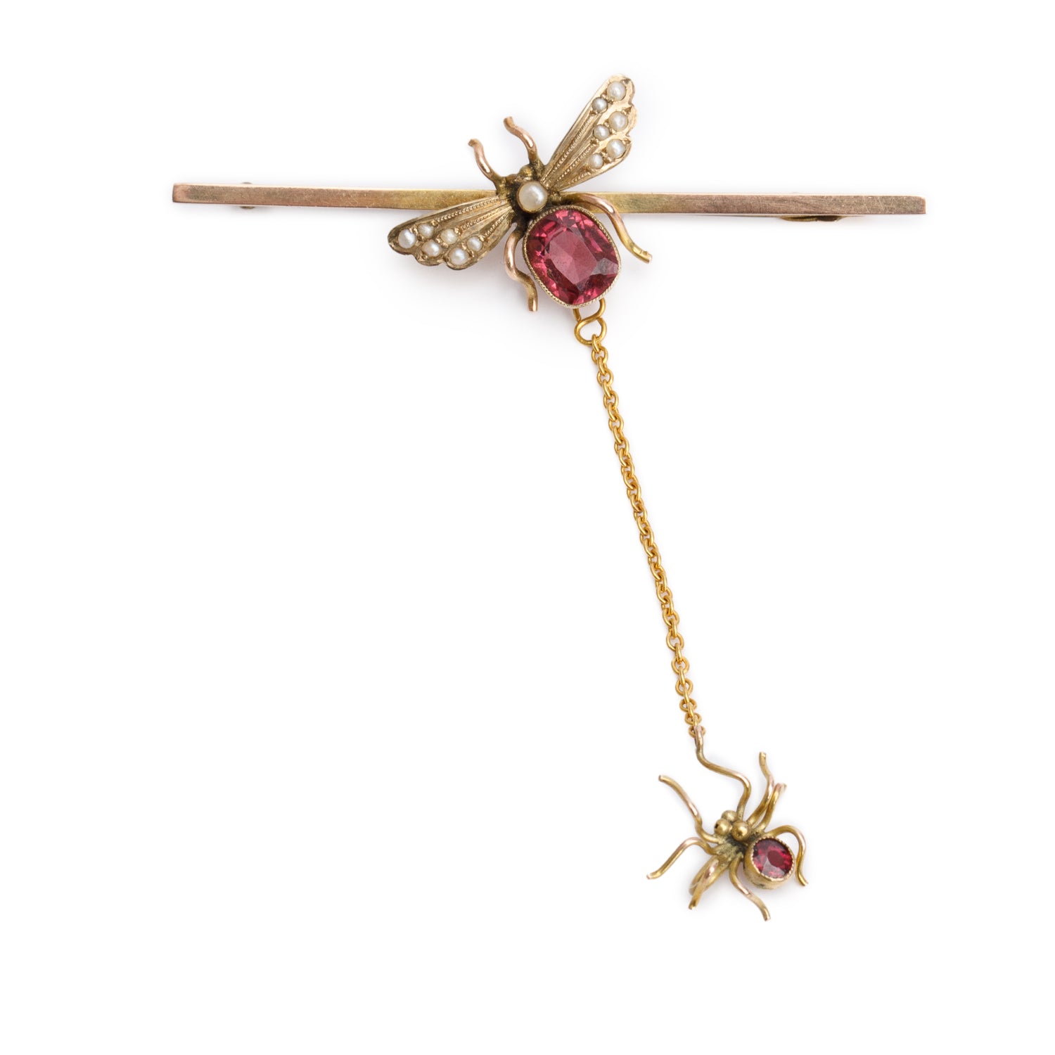 Antique 9k Yellow Gold Pear & Rhodolite Fly-Spider Bar Pin Brooch