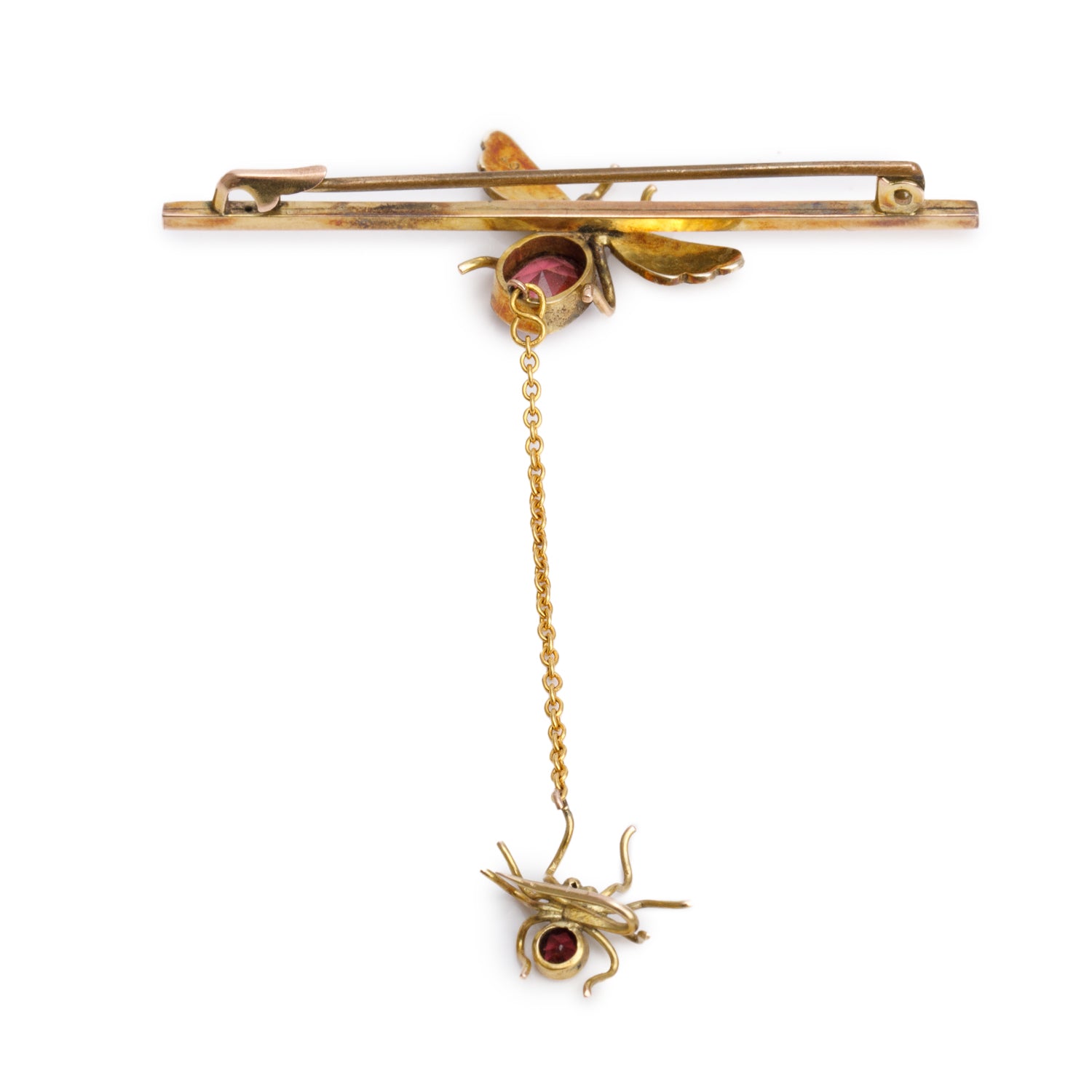 Antique 9k Yellow Gold Pear & Rhodolite Fly-Spider Bar Pin Brooch