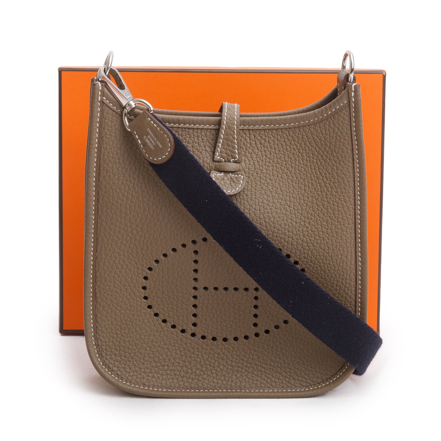 Hermes 2024 Etoupe/Bleu Nuit Taurillon Clemence Amazone Evelyne TPM 16 w/ Box