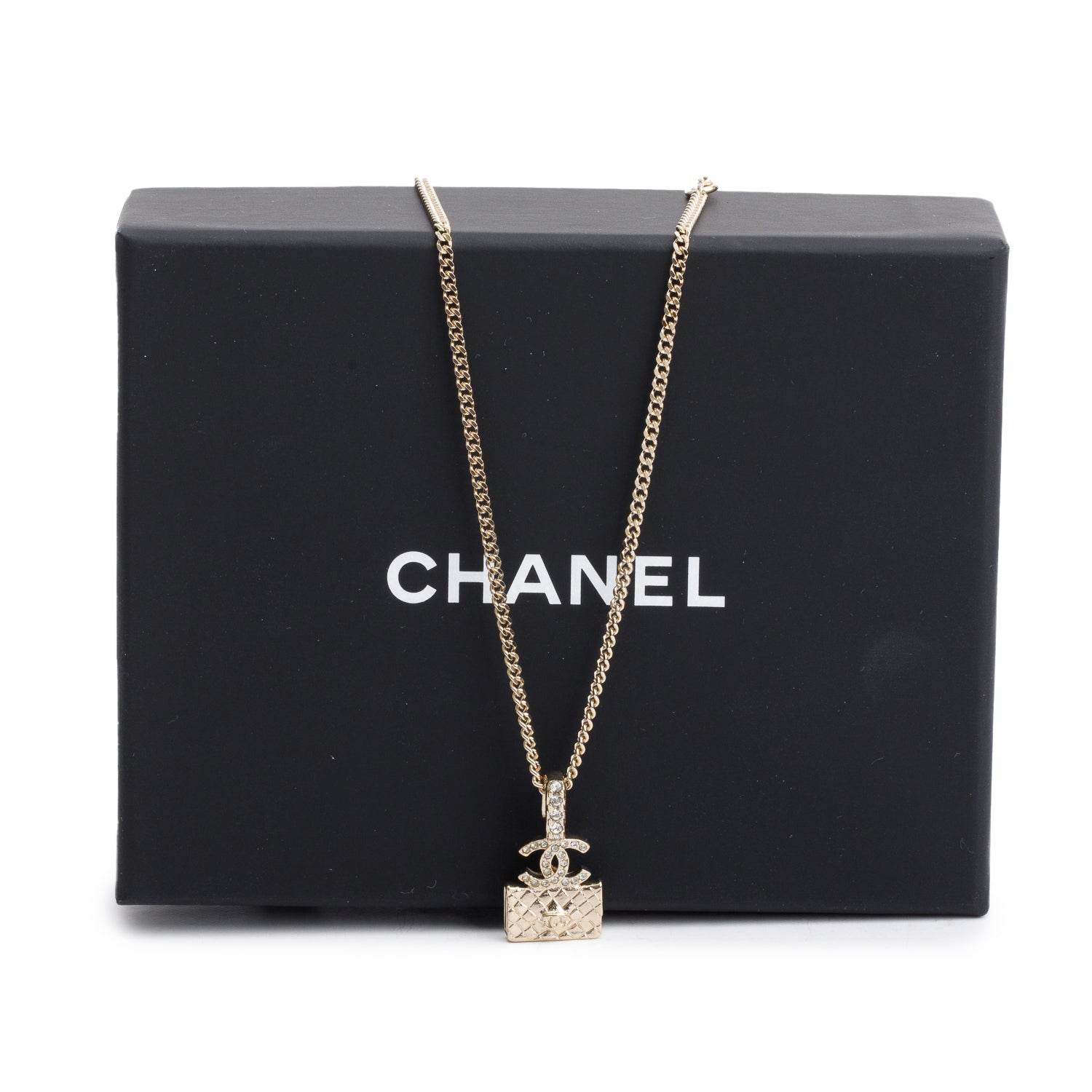 Chanel 2023 Gold-Plated Metal Strass CC Flap Bag Pendant Necklace w/ Box & Receipt