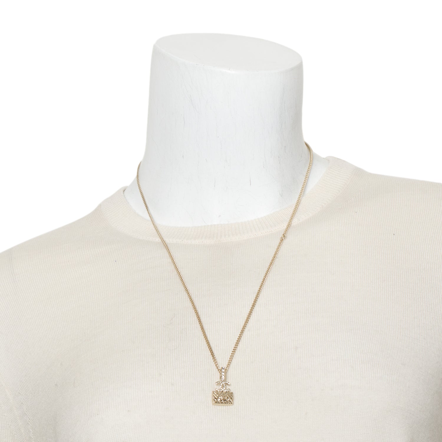 Chanel 2023 Gold-Plated Metal Strass CC Flap Bag Pendant Necklace w/ Box & Receipt
