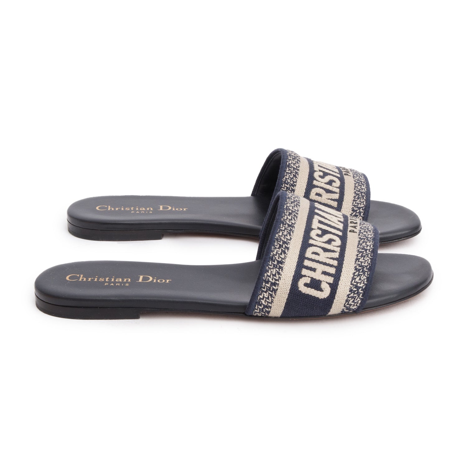 Christian Dior 2021 Blue Canvas Embroidered DWay Mules Slide Sandals, Women's Size 37 w/ Box