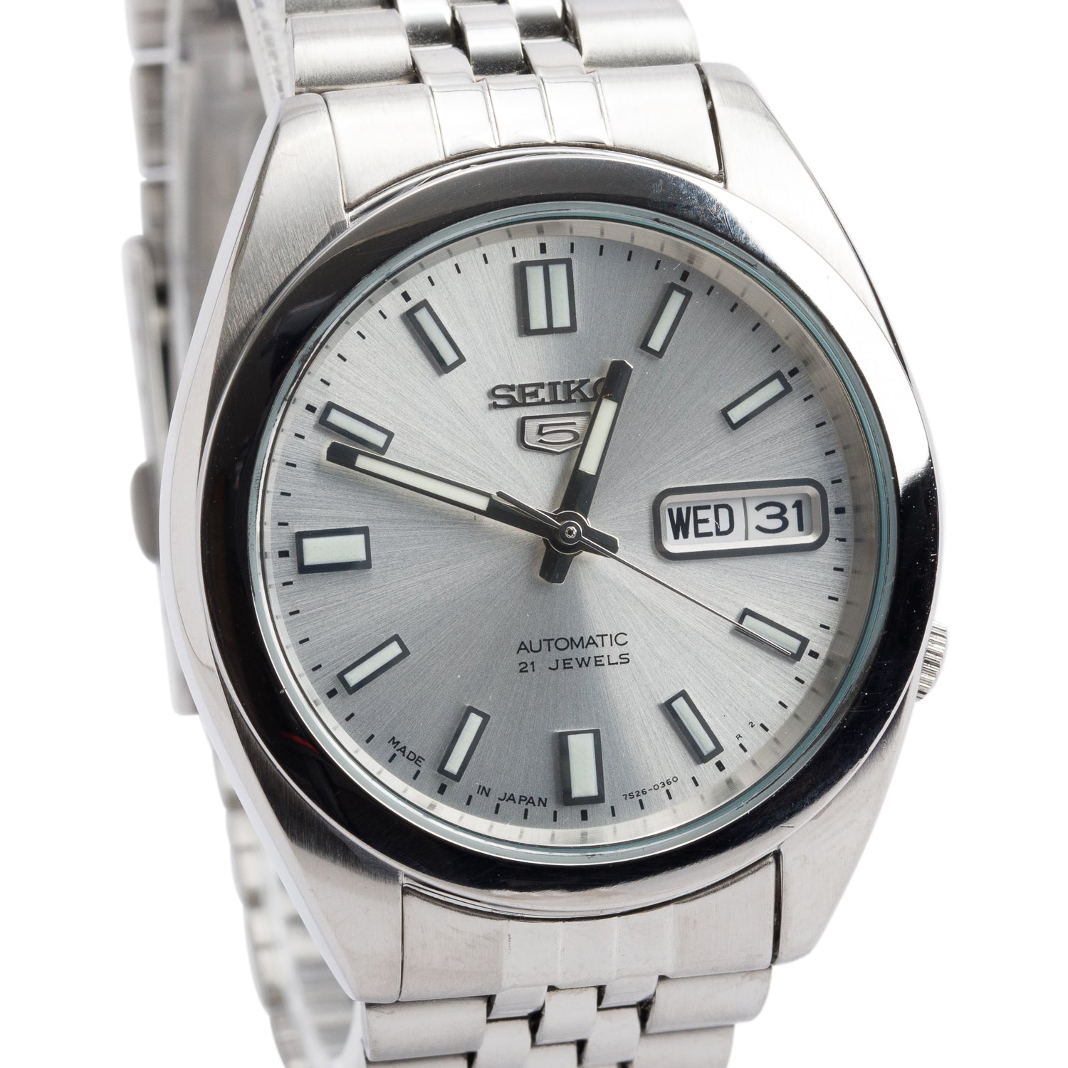 Seiko Stainless Steel Series 5 21 Jewels 37 MM Arabic Day Date Automatic Watch Silver Dial SNK355 w/ Box