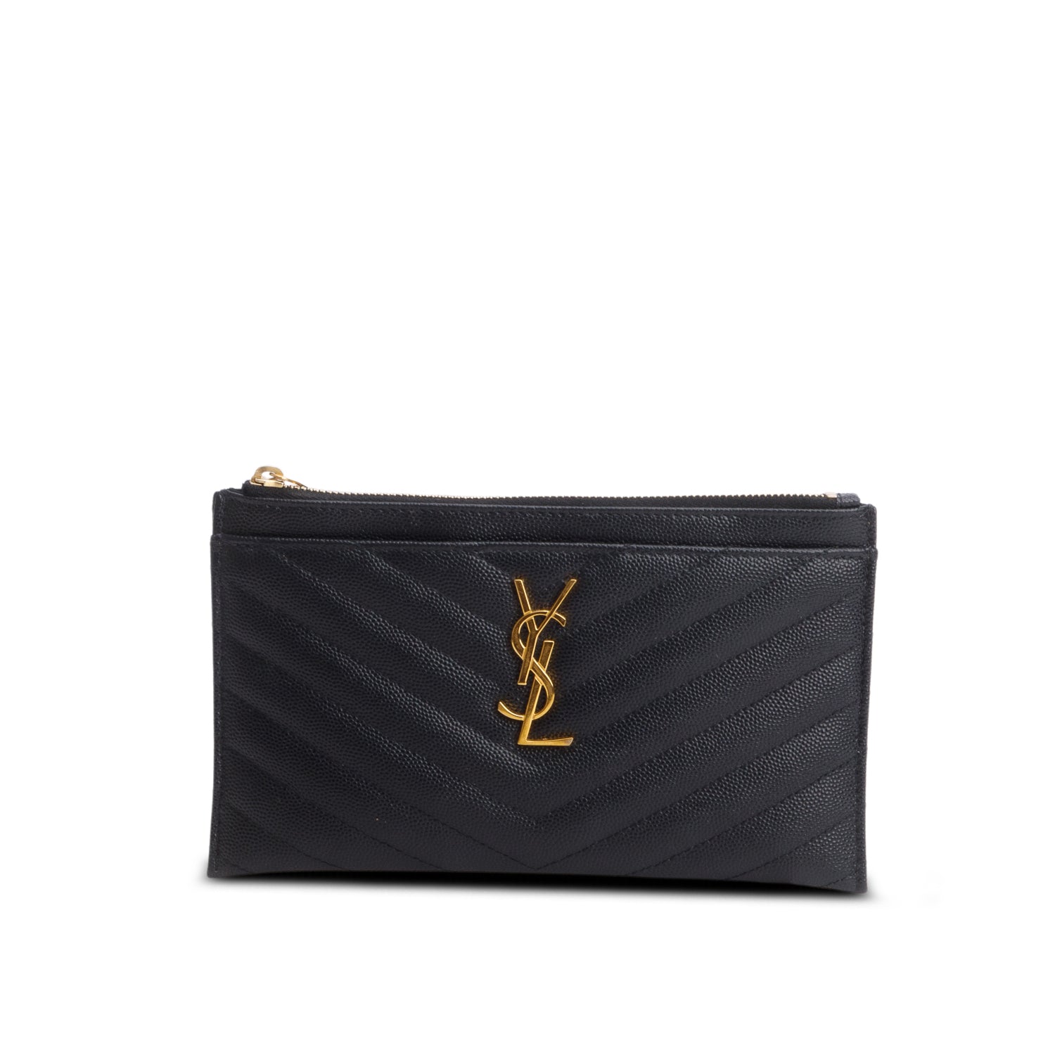 Saint Laurent Black Grain De Poudre Chevron Monogram Bill Pouch w/ Box & Receipt