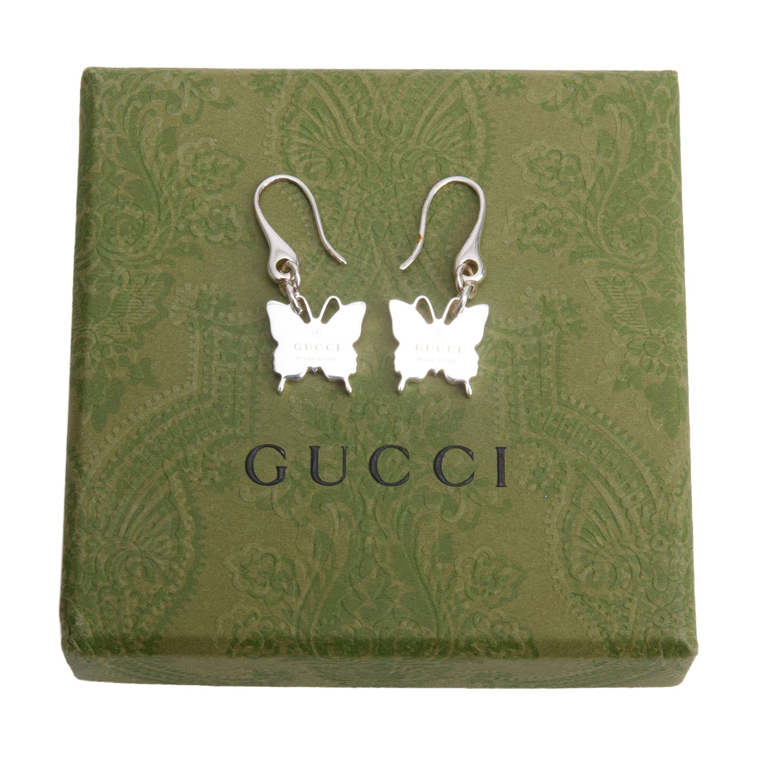 Gucci Sterling Silver Trademark Butterfly Drop Earrings w/ Box