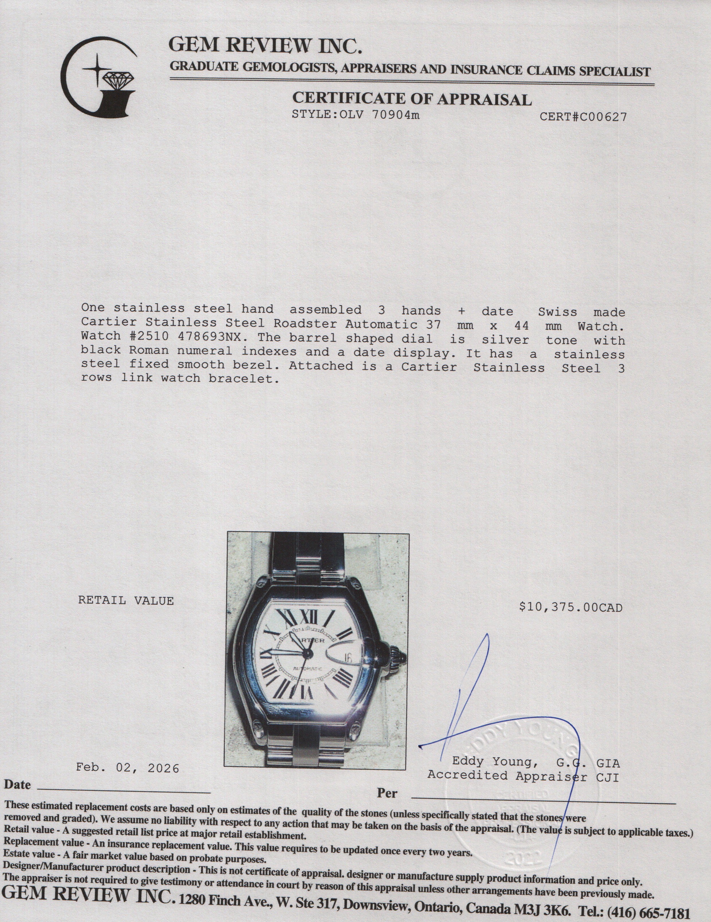 Cartier Stainless Steel Roadster Automatic Watch 2510