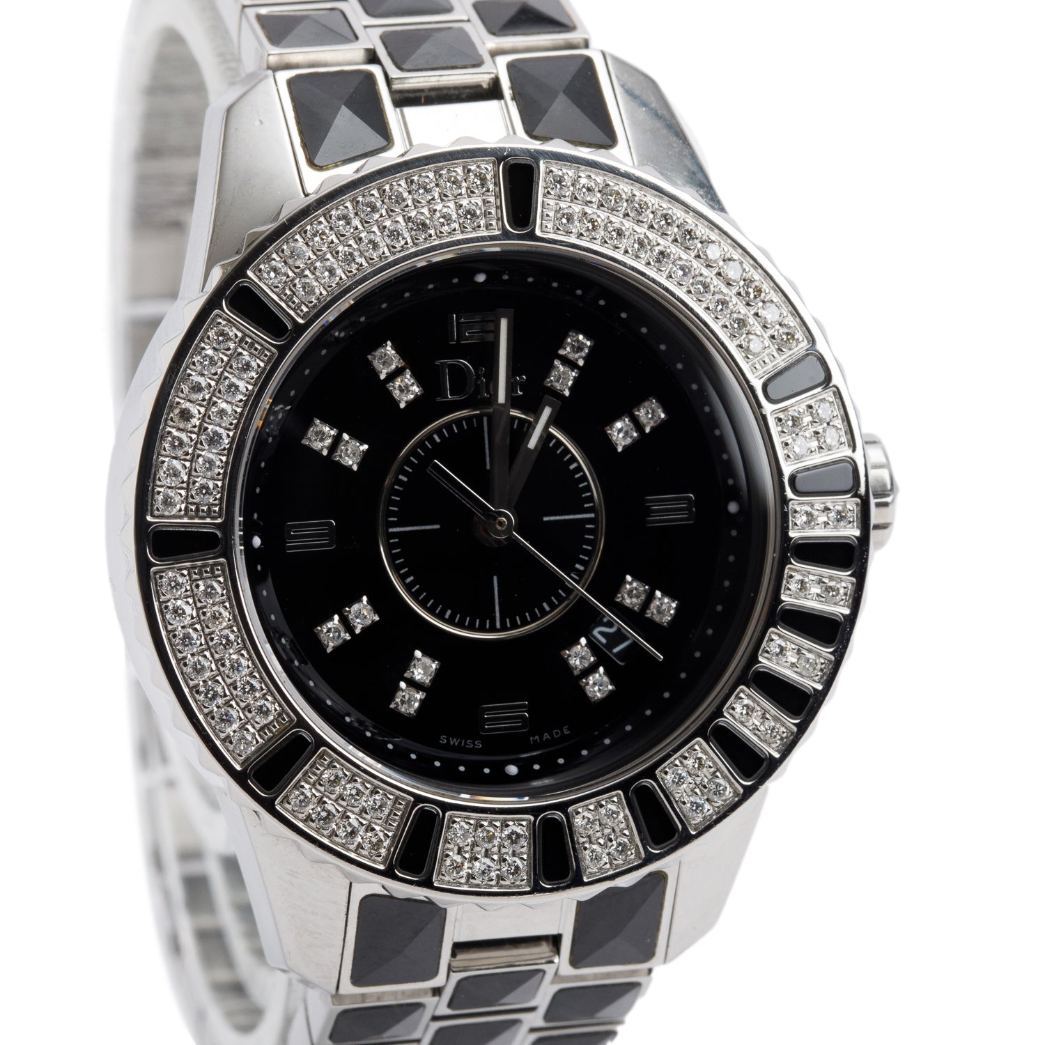 Christian Dior Stainless Steel Christal Diamond Bezel 33 MM Quartz Watch Black Diamond Dial CD114311