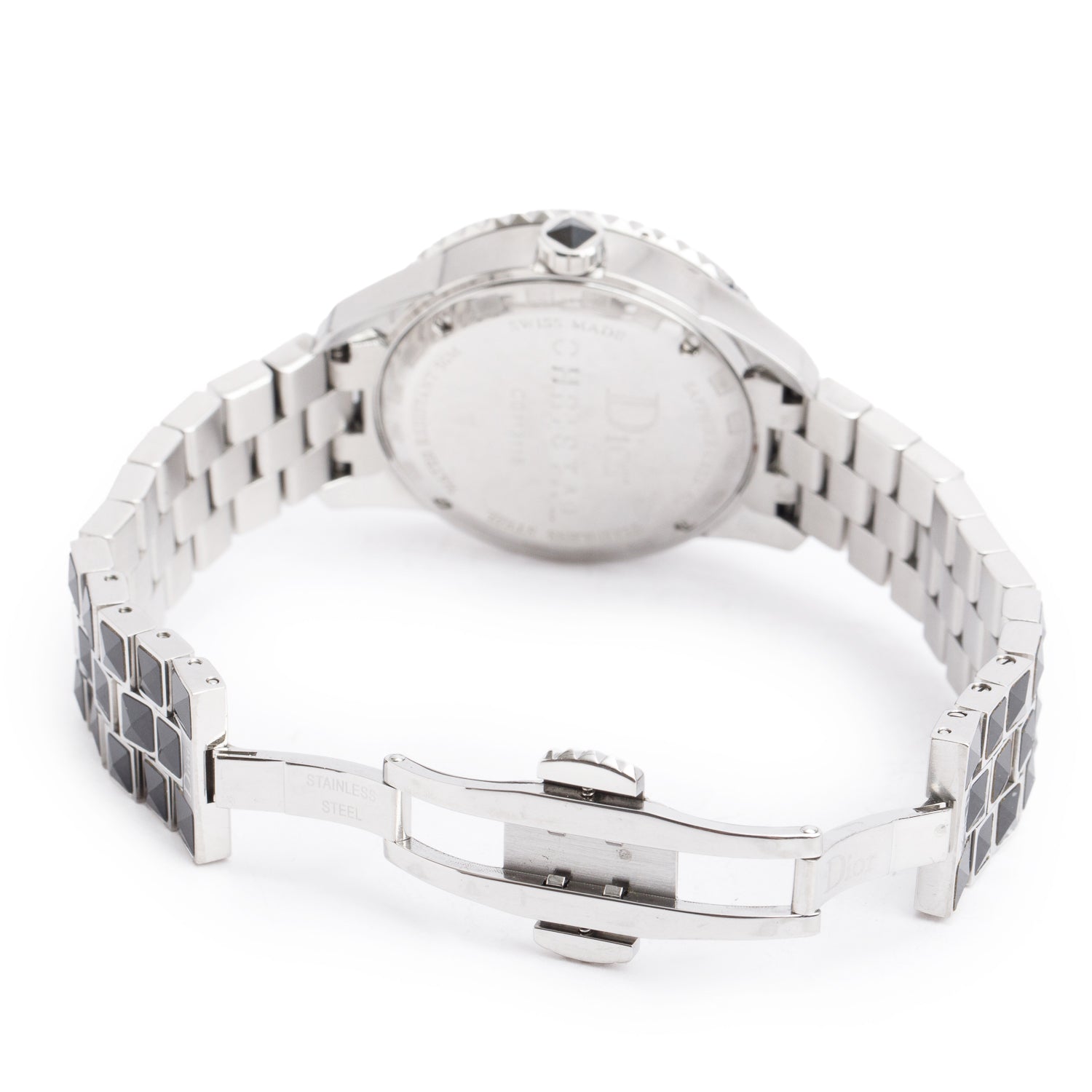 Christian Dior Stainless Steel Christal Diamond Bezel 33 MM Quartz Watch Black Diamond Dial CD114311