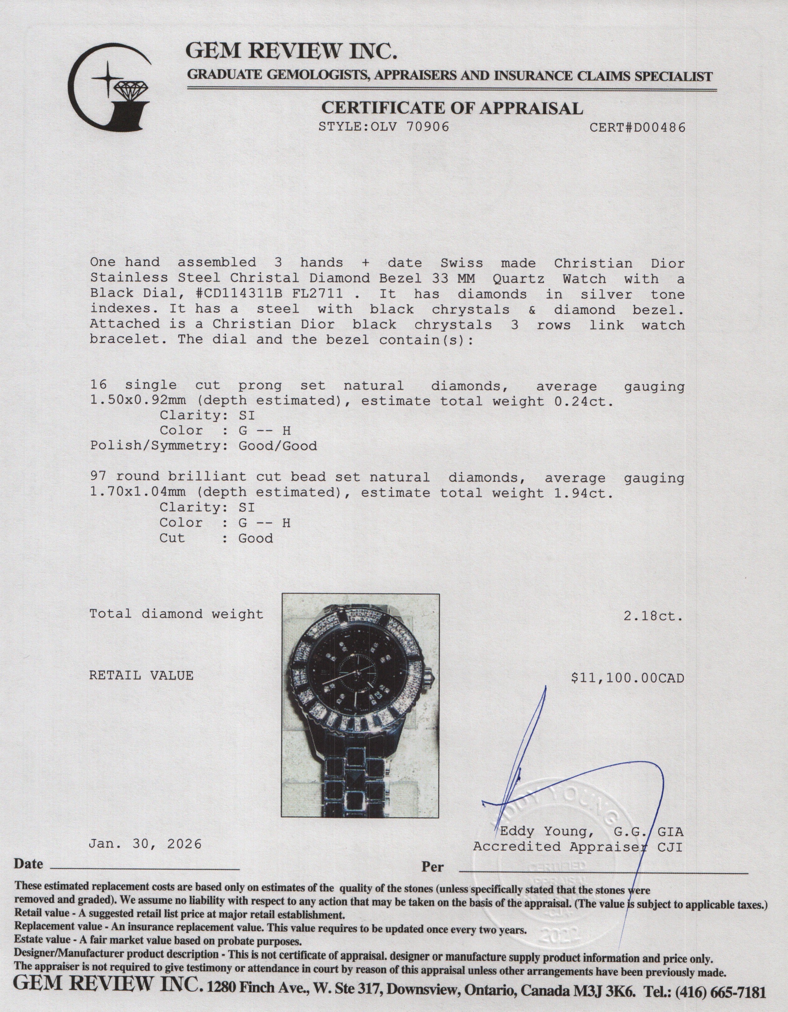 Christian Dior Stainless Steel Christal Diamond Bezel 33 MM Quartz Watch Black Diamond Dial CD114311