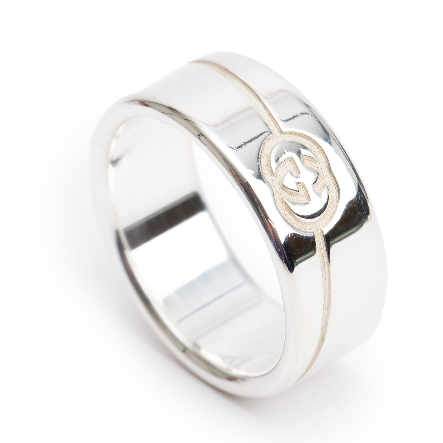 Gucci Sterling Silver Diagonal Interlocking G Wide Ring, Size 23 10