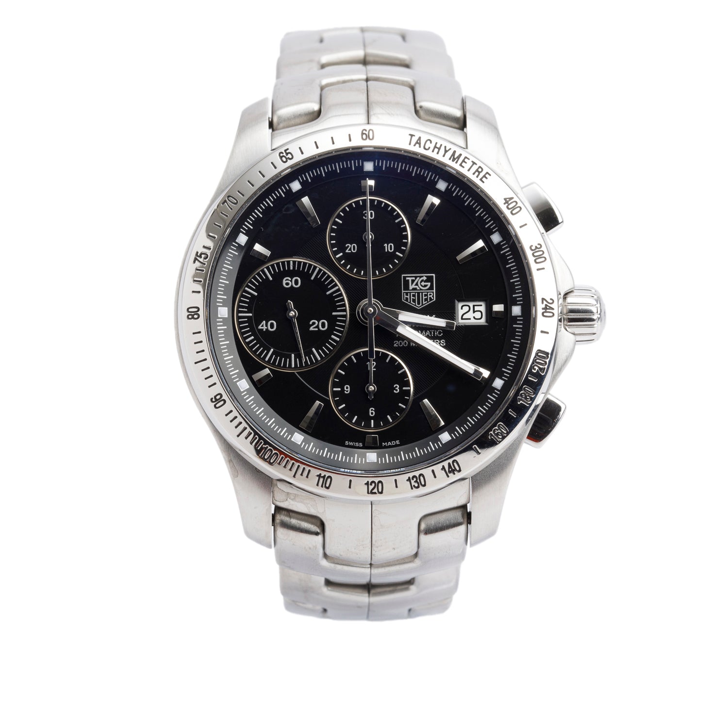 Tag Heuer Stainless Steel Link 42 MM Automatic Chronograph Watch Black Dial CJF2110