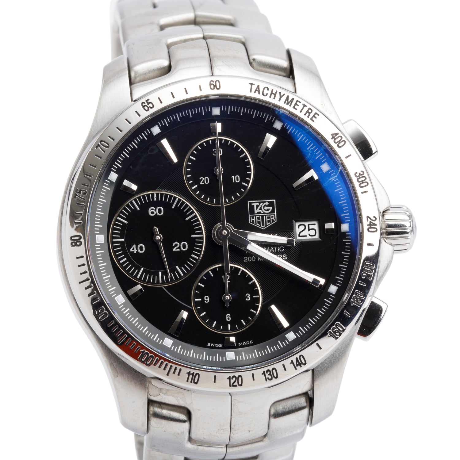 Tag Heuer Stainless Steel Link 42 MM Automatic Chronograph Watch Black Dial CJF2110