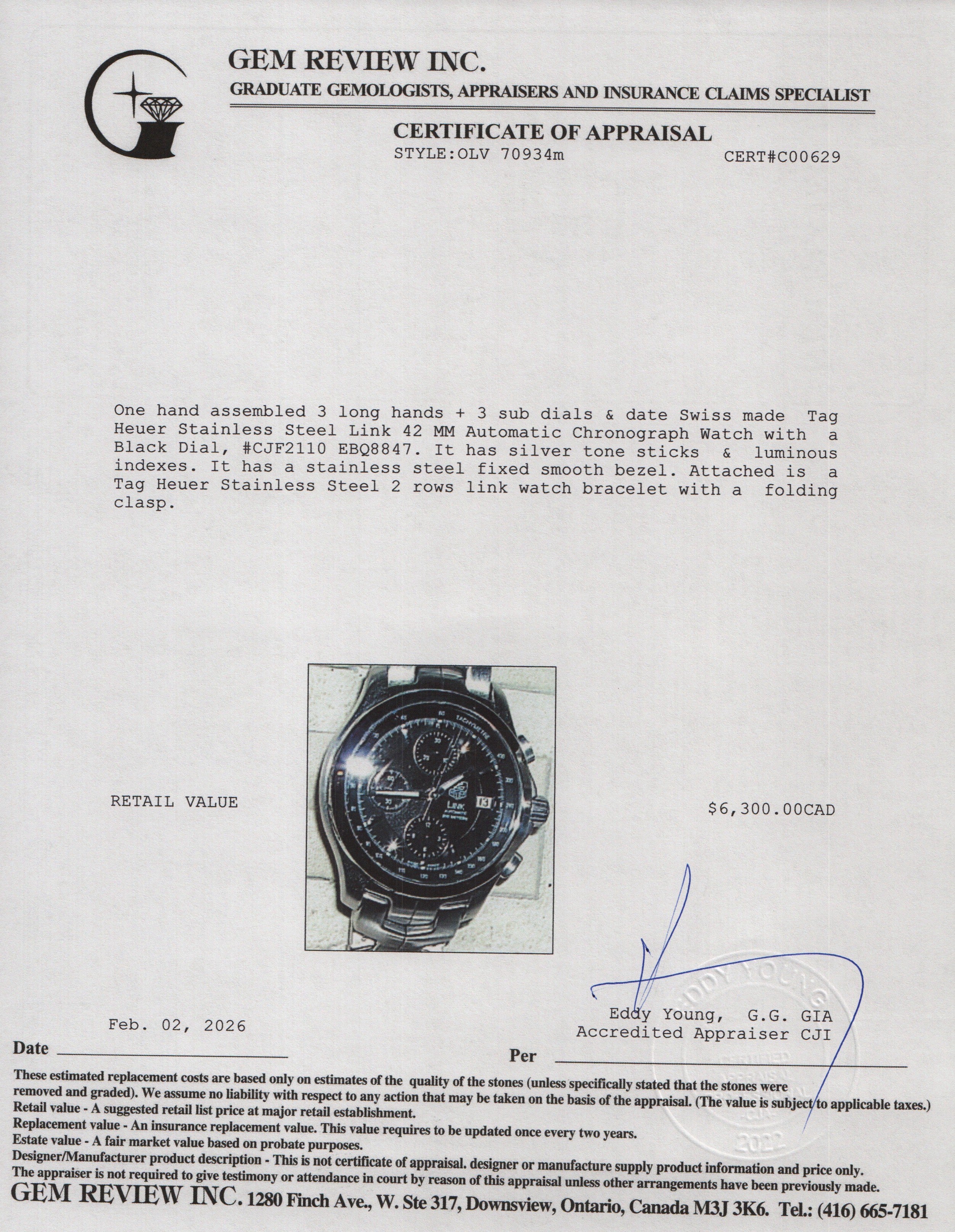 Tag Heuer Stainless Steel Link 42 MM Automatic Chronograph Watch Black Dial CJF2110